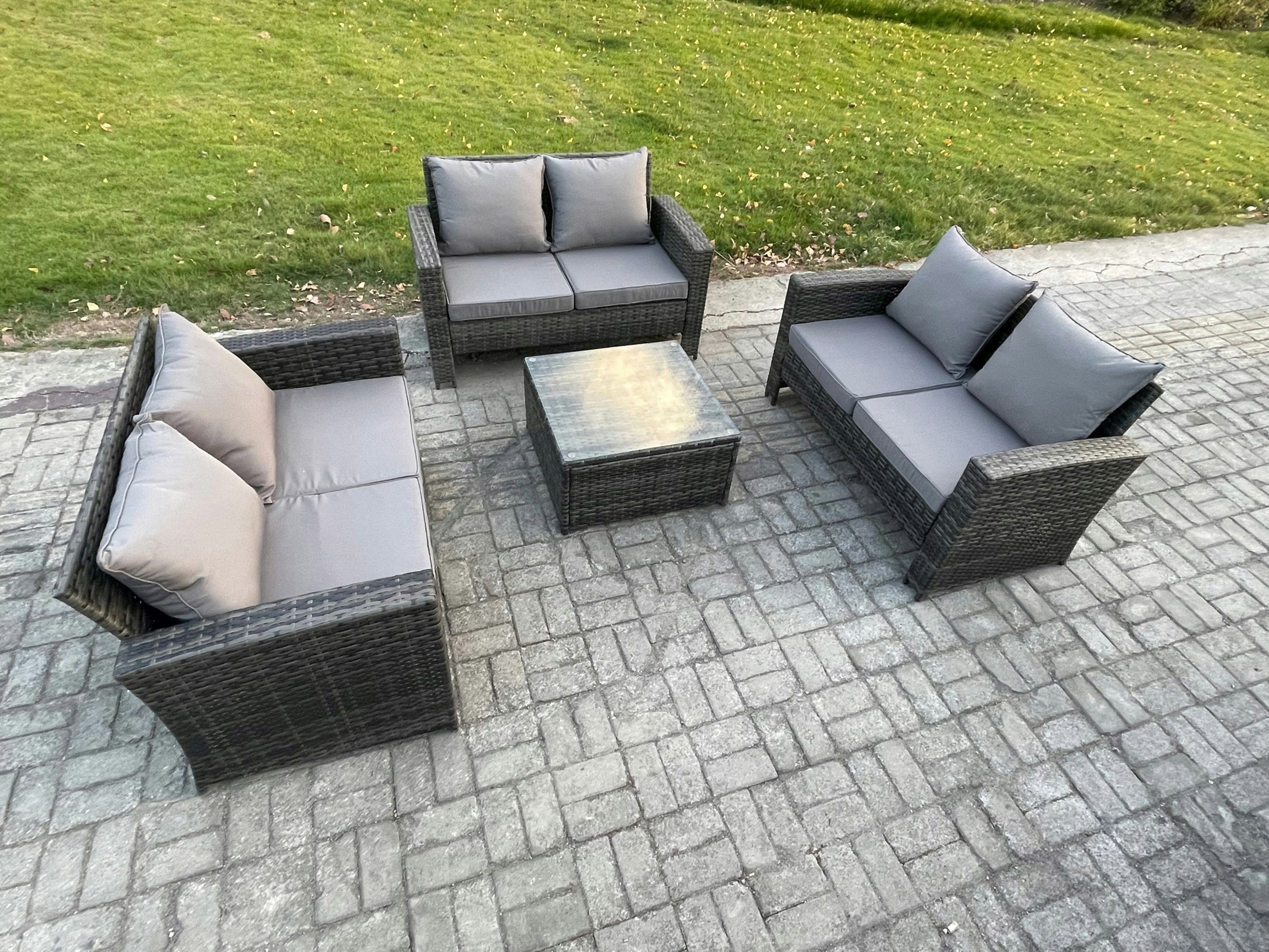 Rackhams Dark/Grey 6 Seater Rattan Wicker Garden Furniture Patio Conservatory Sofa Set With Square Coffee Table Double Seat Sofa
