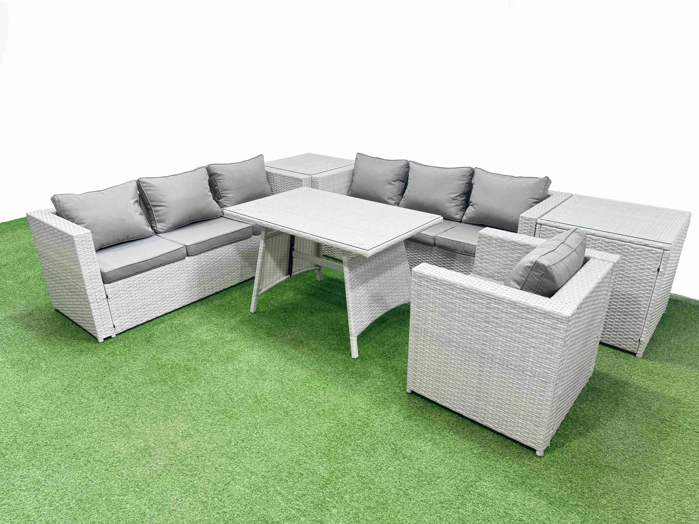 Rackhams Light/Grey/Dark Outdoor Rattan Garden Furniture Dining Set 7 Seater Patio Rectangular Table 3 Seater Sofa Armchair Set With 2 Side Tables