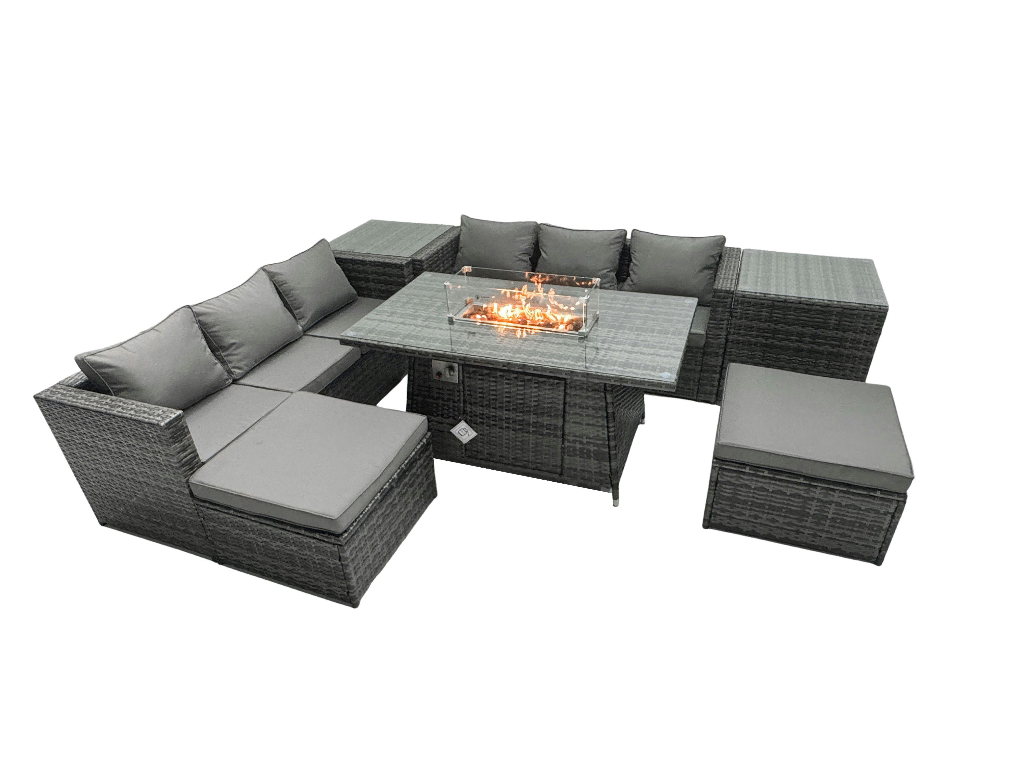 Fimous Dark/Grey Rattan Garden Furniture Fire Pit Dining Set 6 Seater Lounge Sofa Table Set With 2 Side Tables 2 Footstool