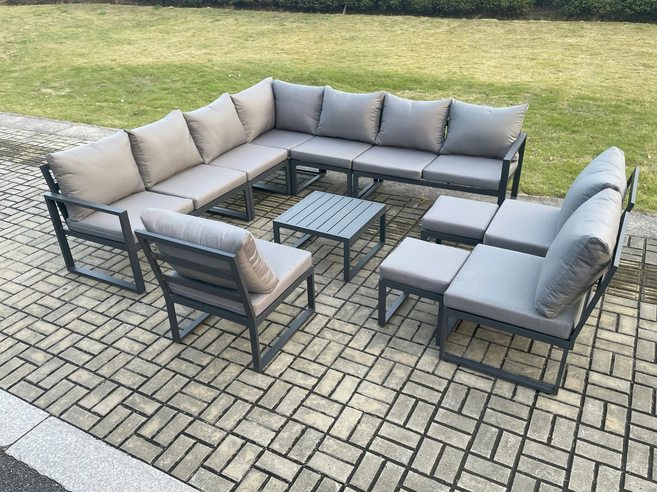 Rackhams Dark/Grey 12 Seater Outdoor Aluminium Garden Furniture Set Corner Lounge Sofa Set With Square Coffee Table 2 Small Footstools