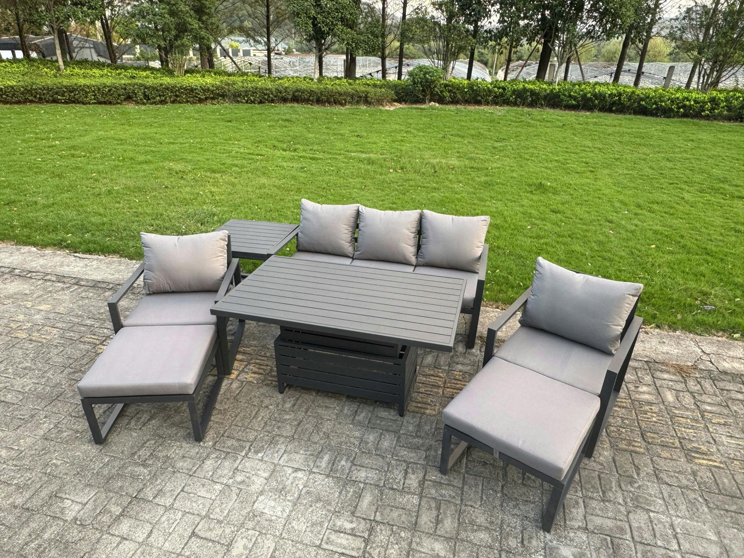 Fimous Dark/Grey 7 Seater Aluminium Garden Furniture Set With Adjustable Rising Dining Table, 2 Chairs, 2 Footstools, Side Table