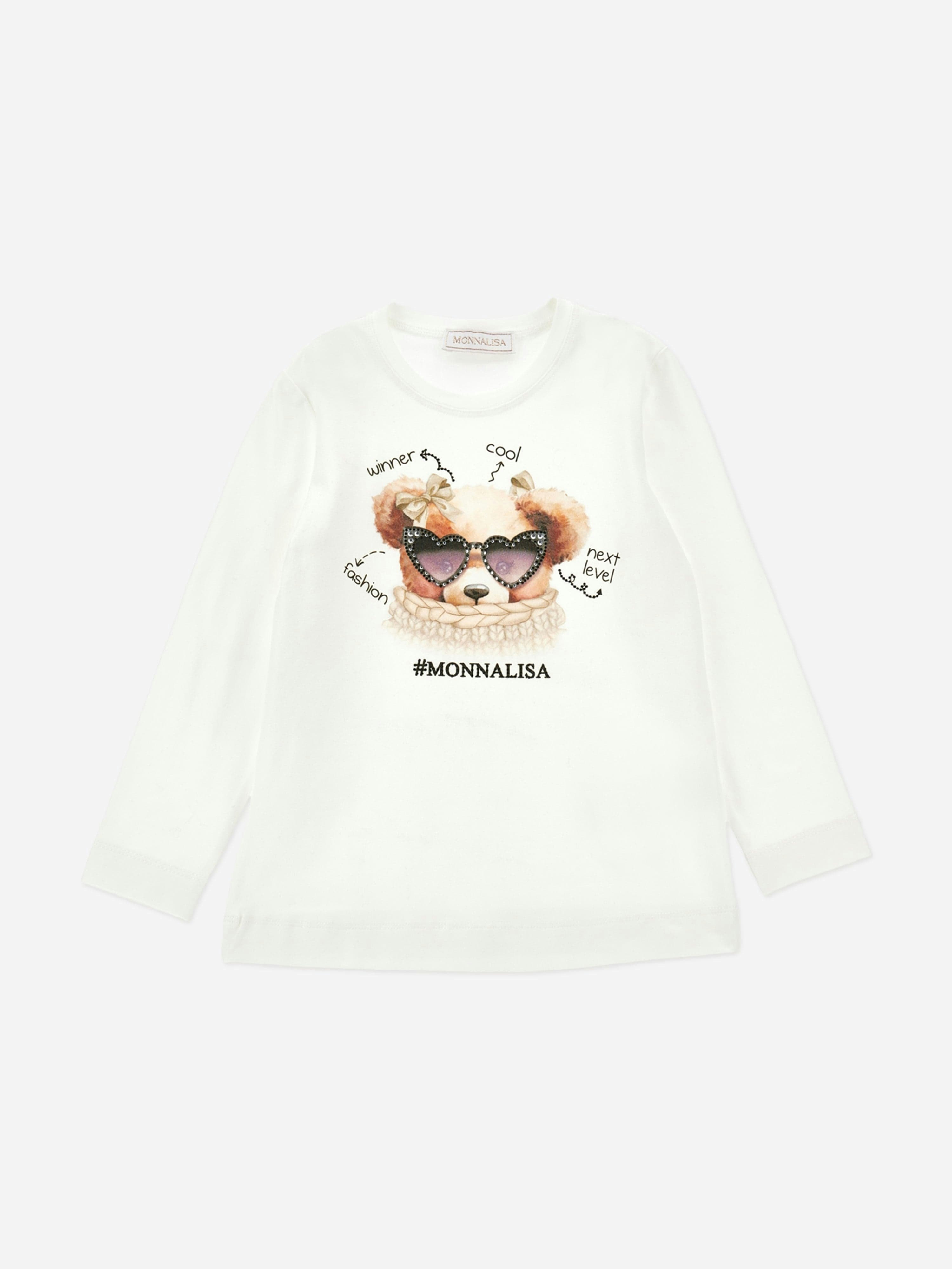 Monnalisa Girls Ivory Long Sleeve Teddy T-Shirt In - 4 Yrs