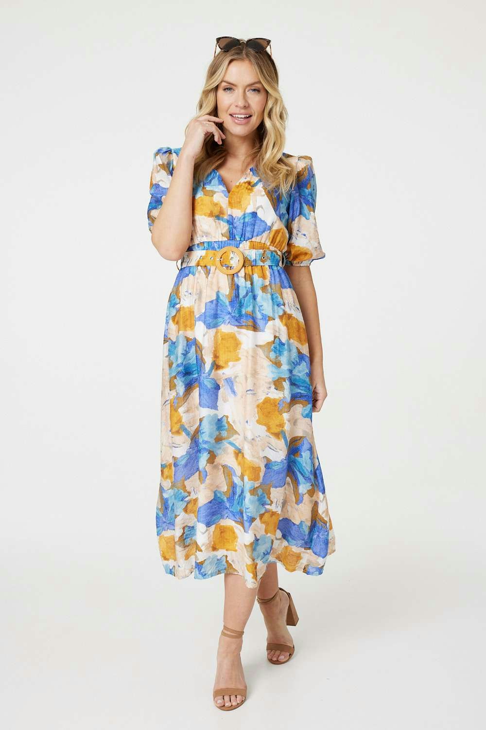 Izabel London Blue Printed 1/2 Sleeve Belted Midi Dress - 8