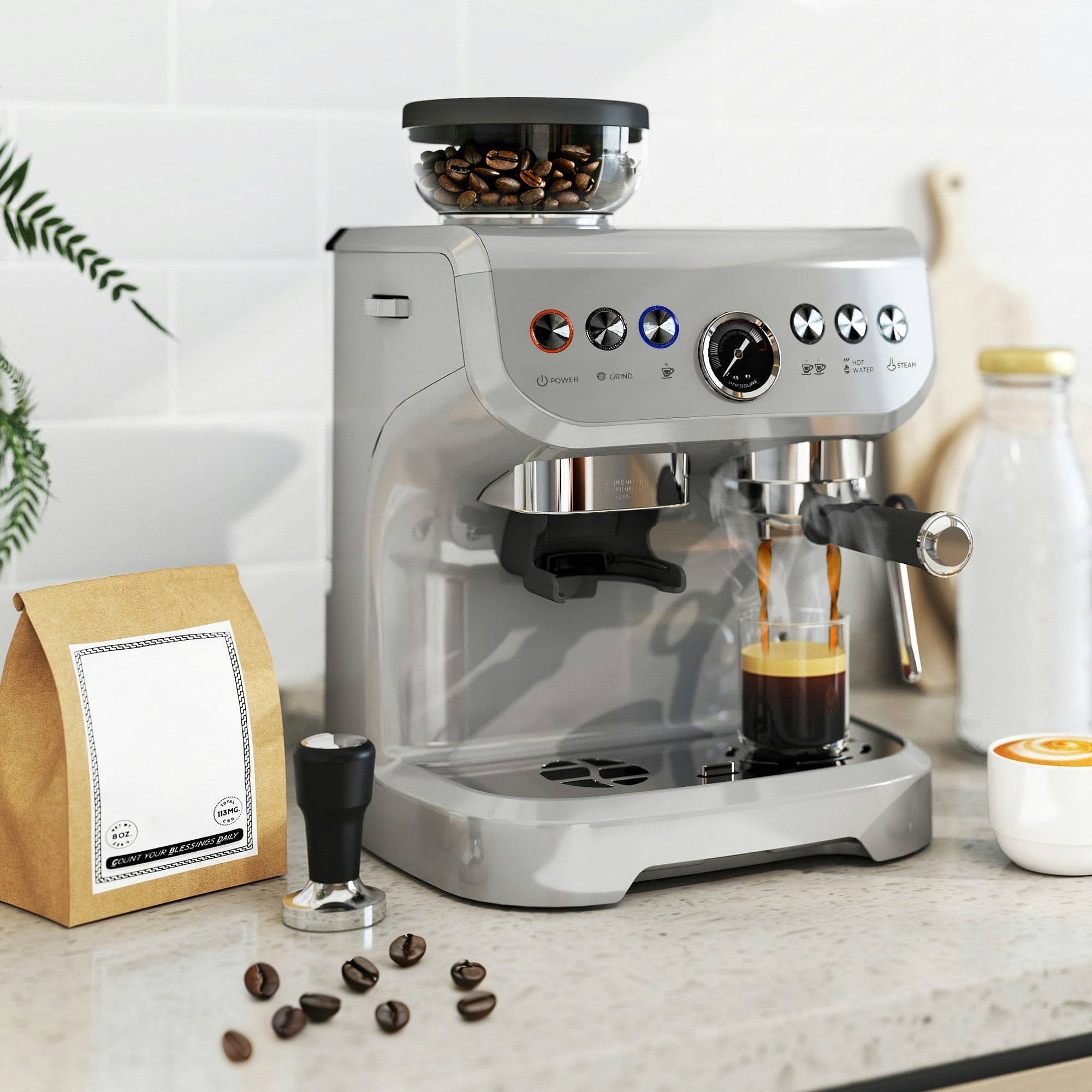 HOMCOM Espresso Machine - 15 Bar Pressure - Steam Wand - Built-in Grinder - Silver - Image 4