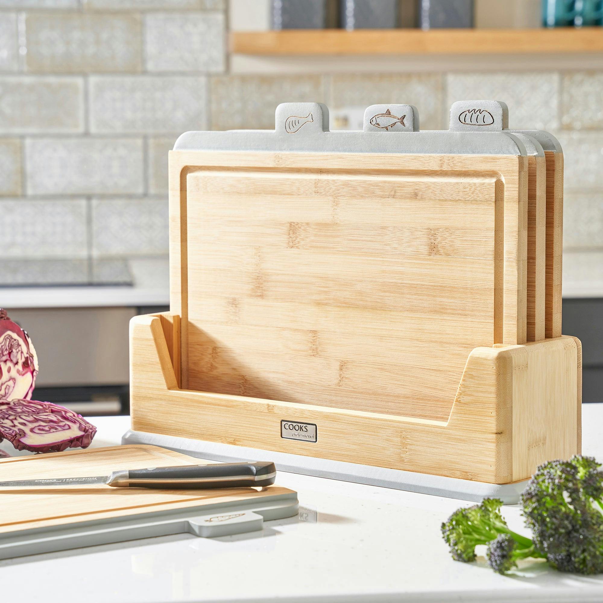 Cooks Professional Grey 4 Piece Bamboo Index Chopping Board Set | Tabs