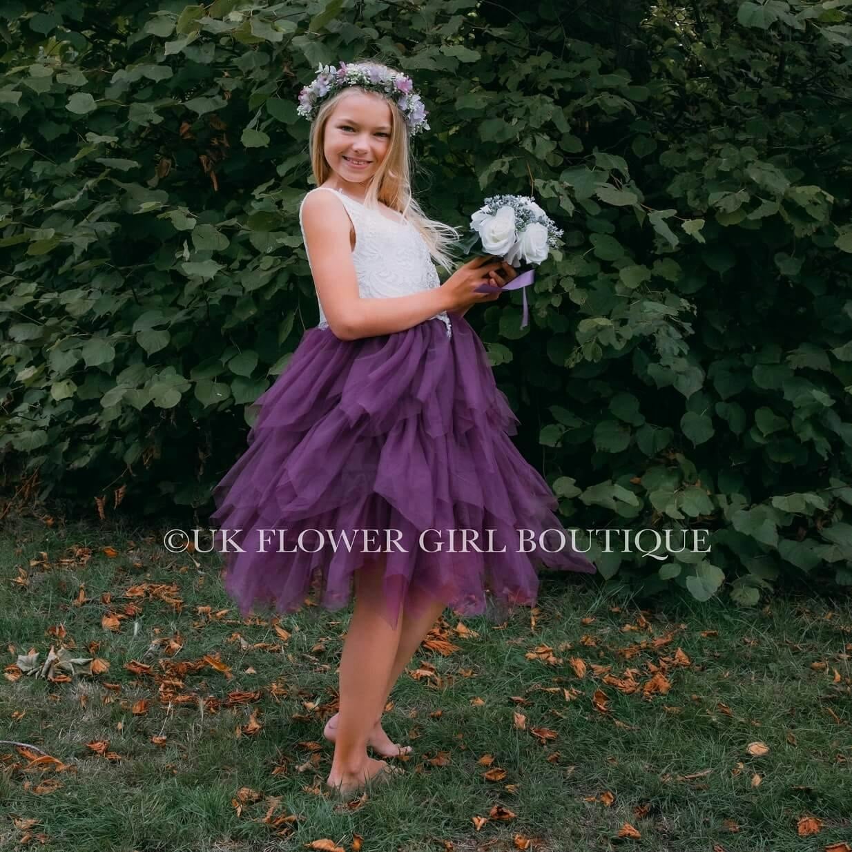 Uk Flower Girl Boutique Girls Purple Uk Flower Boutique Boho Dreams Dress - Plum Applique - 5/6 Years