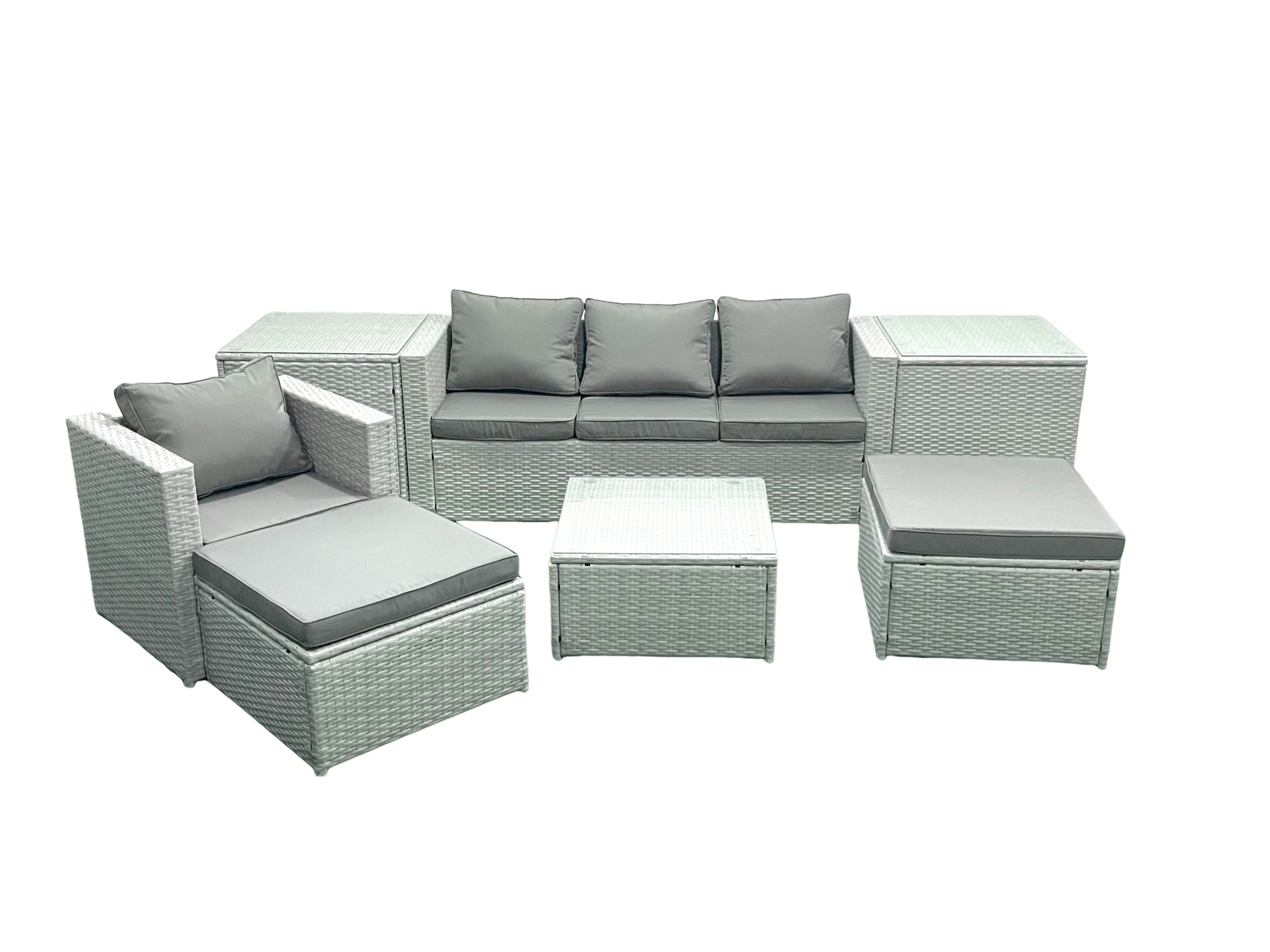 Rackhams Light/Grey Garden Outdoor Furniture Set 6 Seater Rattan Sofa Set With 2 Big Footstools Armchair 2 Side Tables Mixed