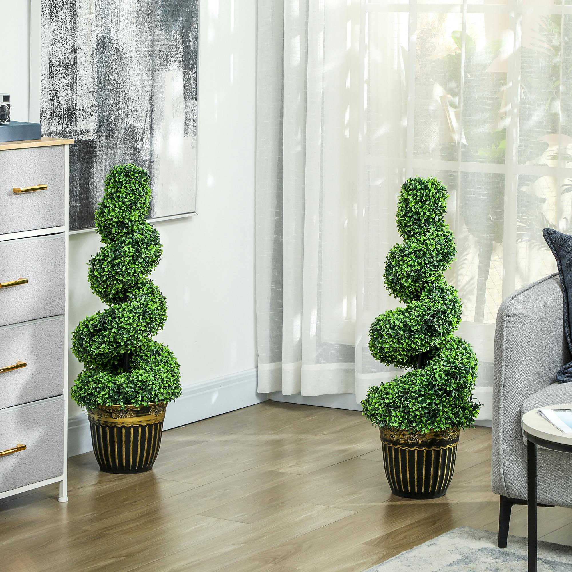 Homcom Green Set Of 2 Potted Artificial Plants, Topiary Spiral Boxwood Trees