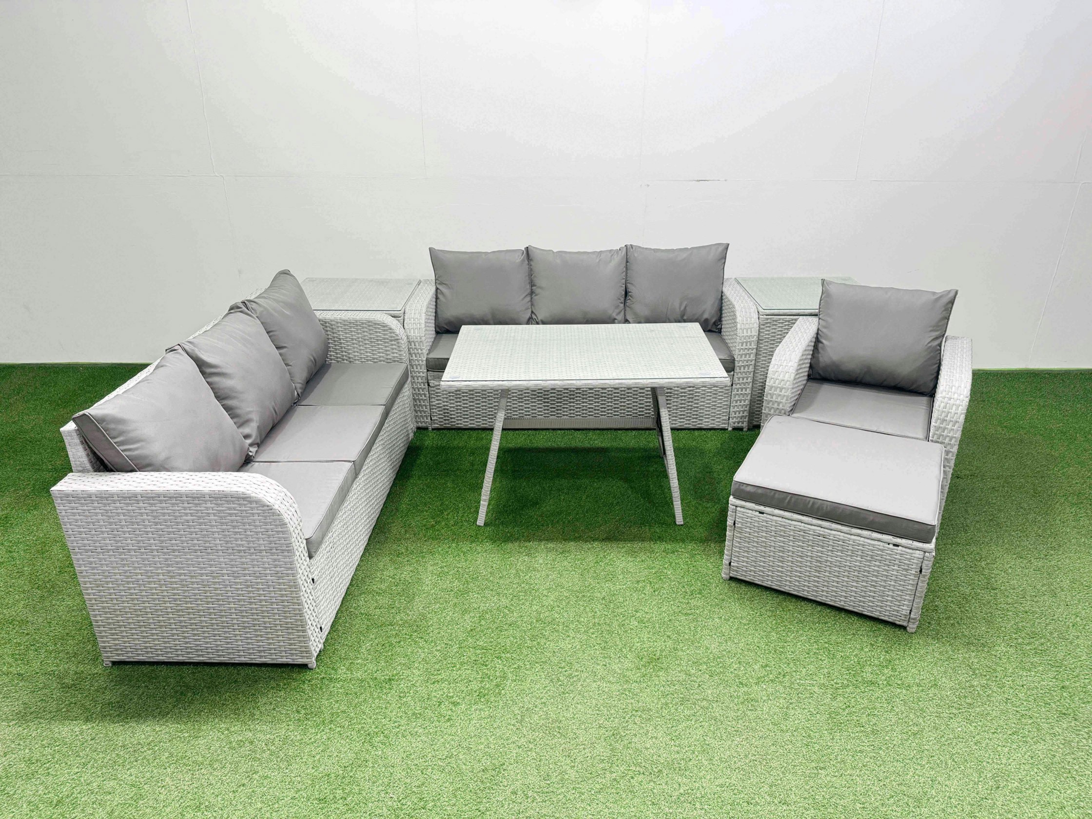 Rackhams Light/Grey 7 Pieces Outdoor Pe Rattan Garden Furniture With Cushions Reclining Chair 2 Side Tables Big Stool