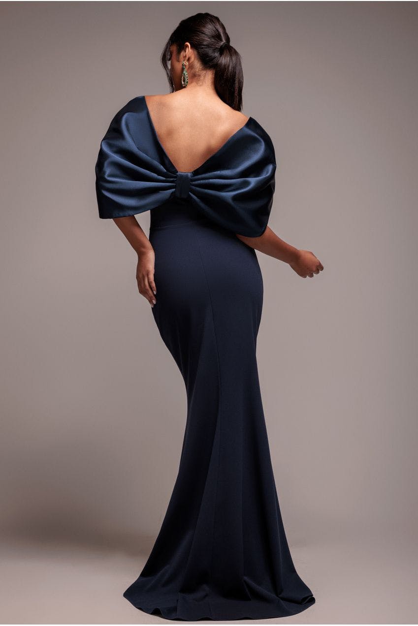 Goddiva Blue Off Shoulder Back Satin Bow Scuba Maxi Dress - Navy By - Navy - 18