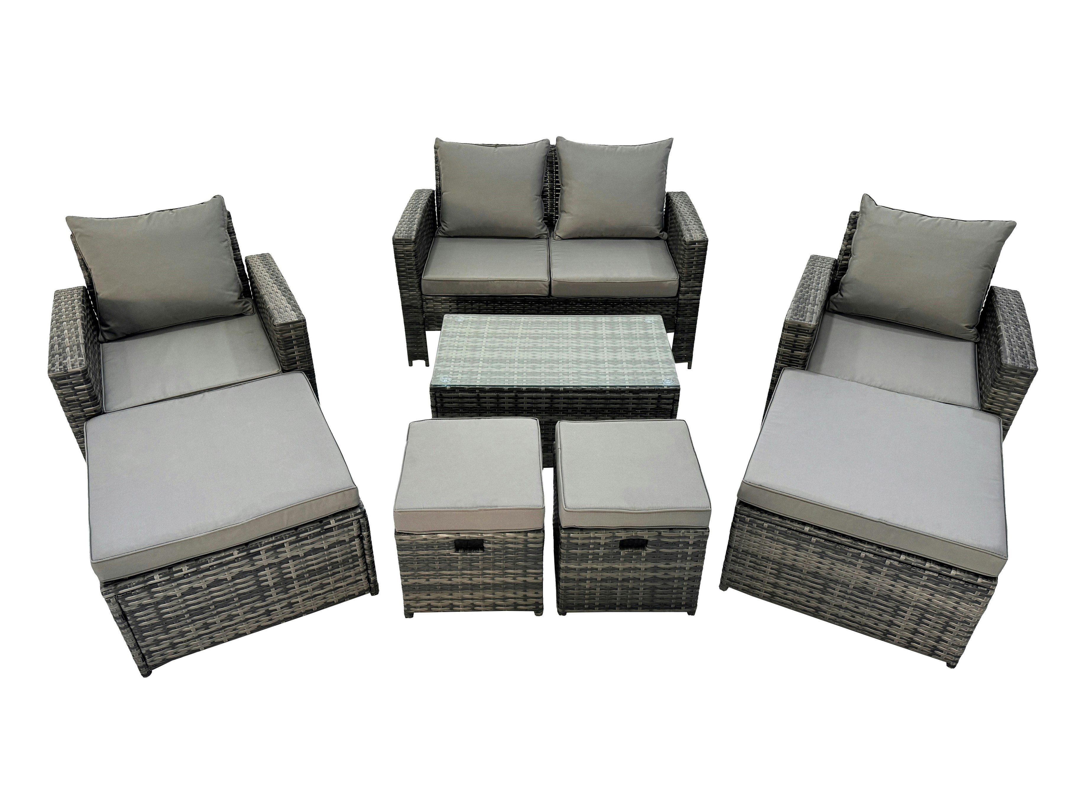Fimous Dark/Grey 8 Seater Rattan Furniture Set With Coffee Table, Sofa, 2 Chairs & 4 Stools