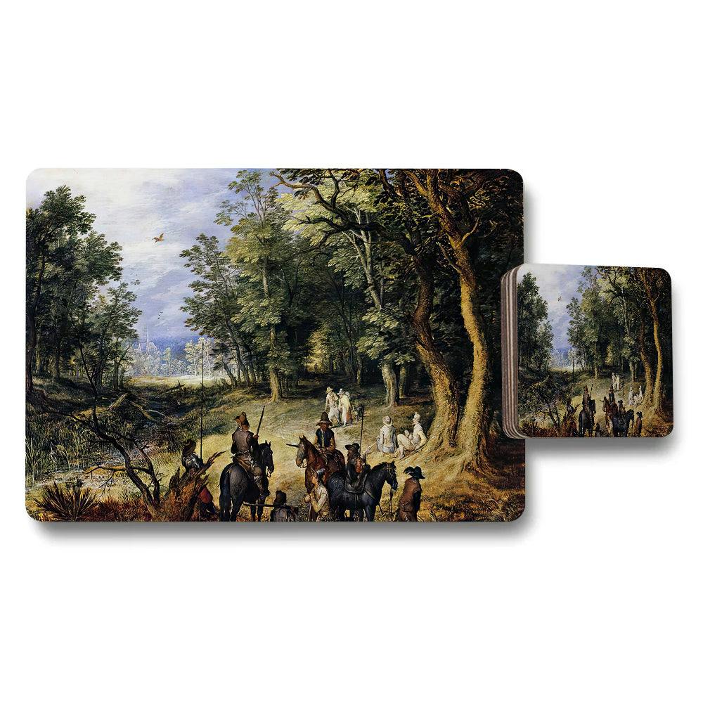 Benjamin Tate Design Vintage Forest Landscape Placemats And Coaster Set With Artwork