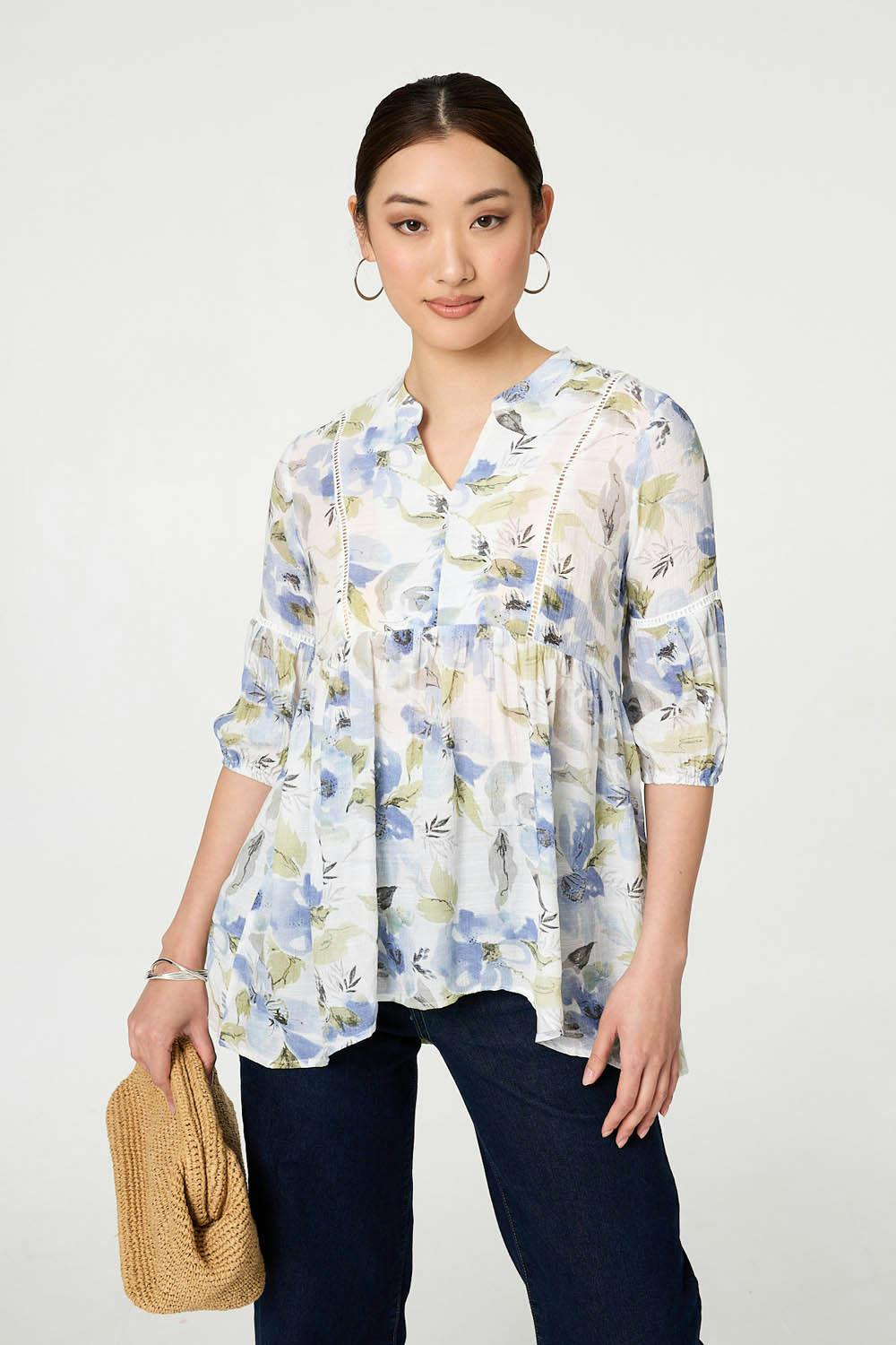 Izabel London Blue Floral Lace 3/4 Sleeve Ruched Blouse - 10