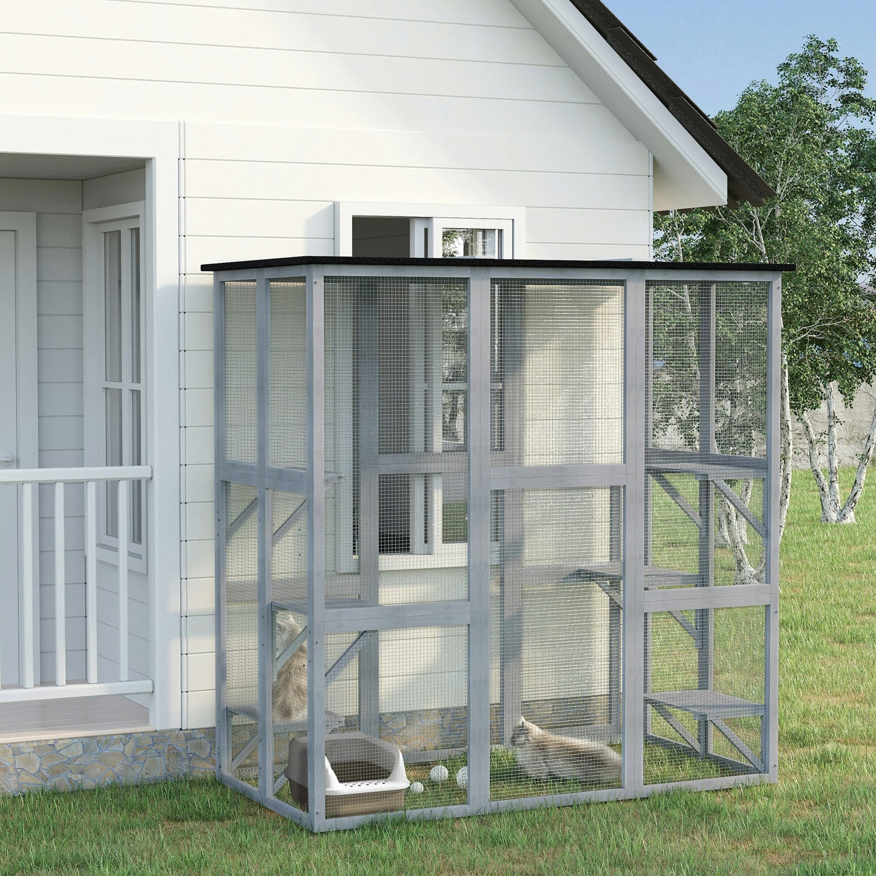 Pawhut Light Grey Wooden Cat House W/ Platforms, Cat Cage For Multiple Kittens In - Image 3