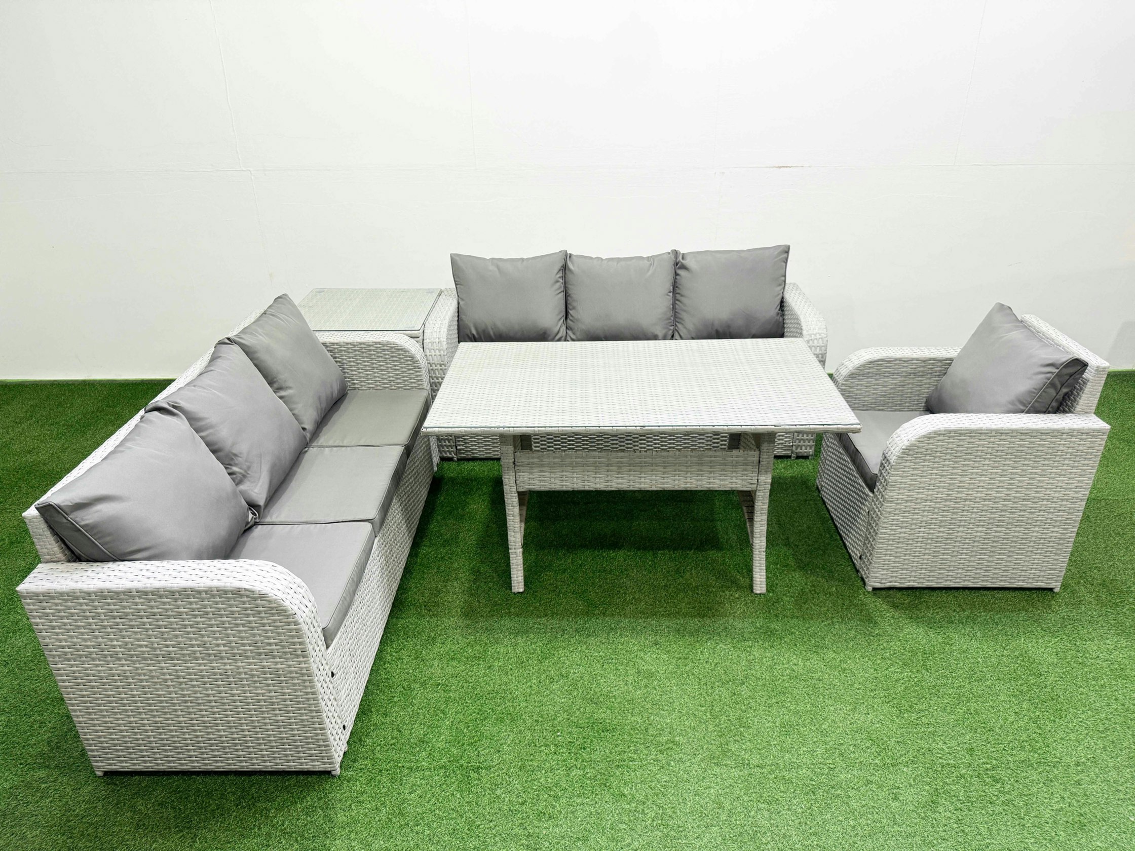Fimous Light/Grey 7 Seater Poly Rattan Outdoor Dining Set - Rectangular Table, 3-Seater Sofa, Reclining Chair & Side Table