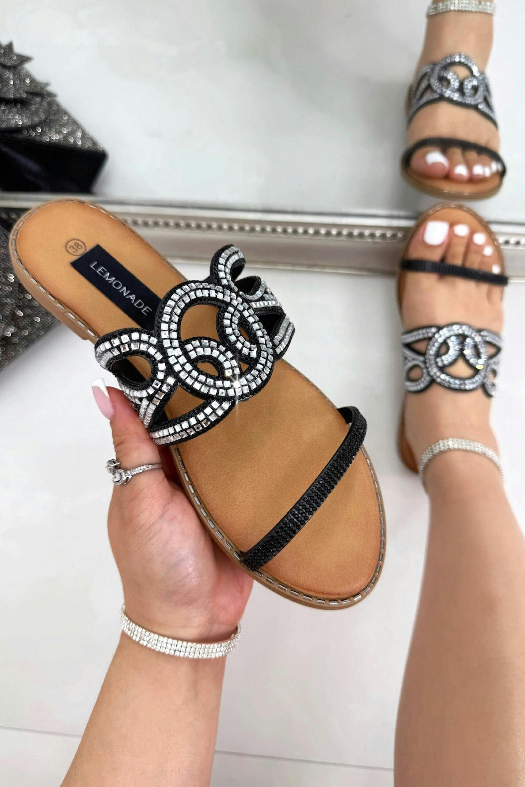 Love Lemonade Women's Black Crystal Amalfi Knot Sliders - Uk 6