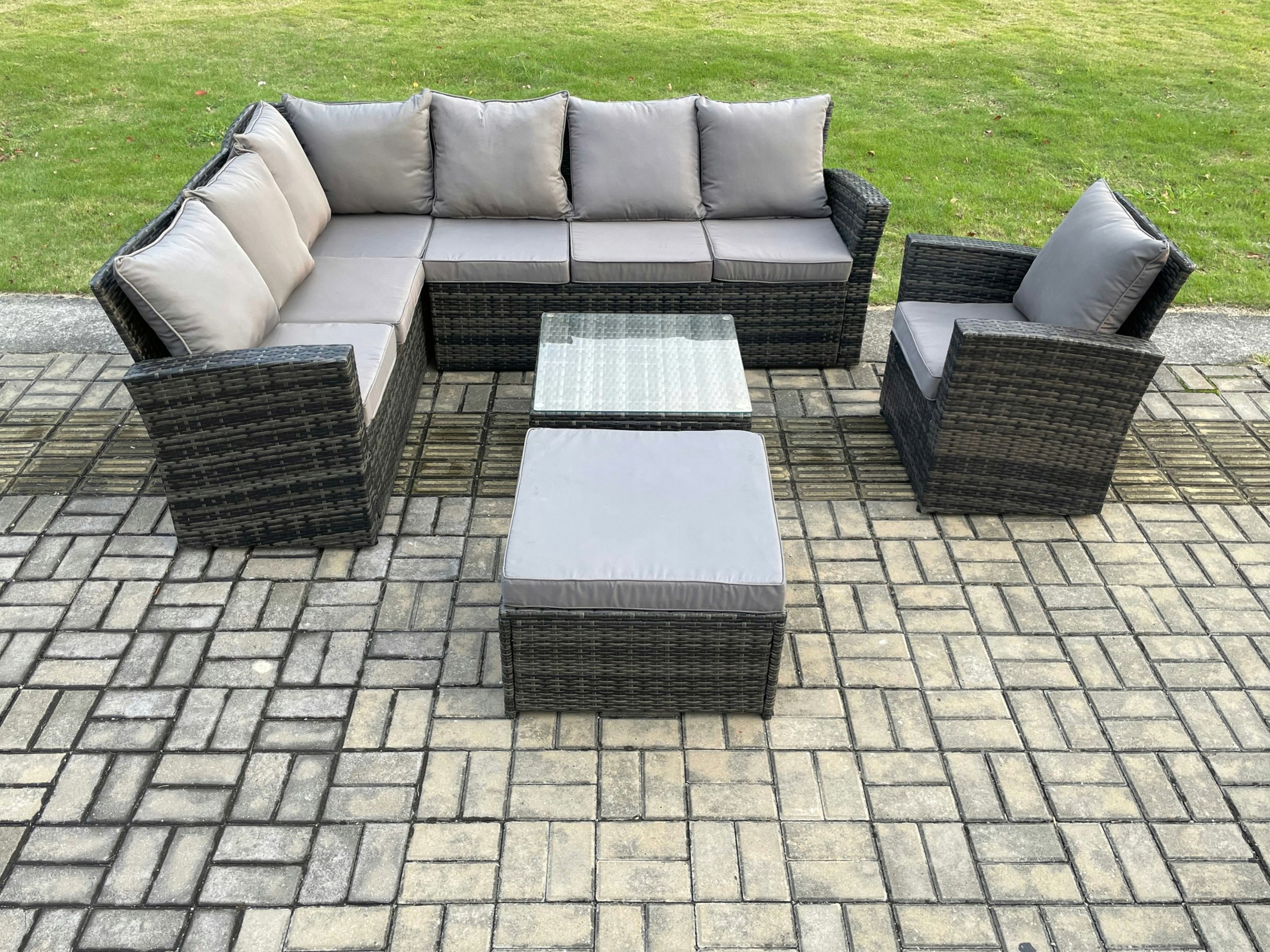 Rackhams Dark/Grey Rattan Garden Furniture Set Outdoor Lounge Corner Sofa Set With Square Coffee Table Big Footstool Armchair 8 Seater Mixed