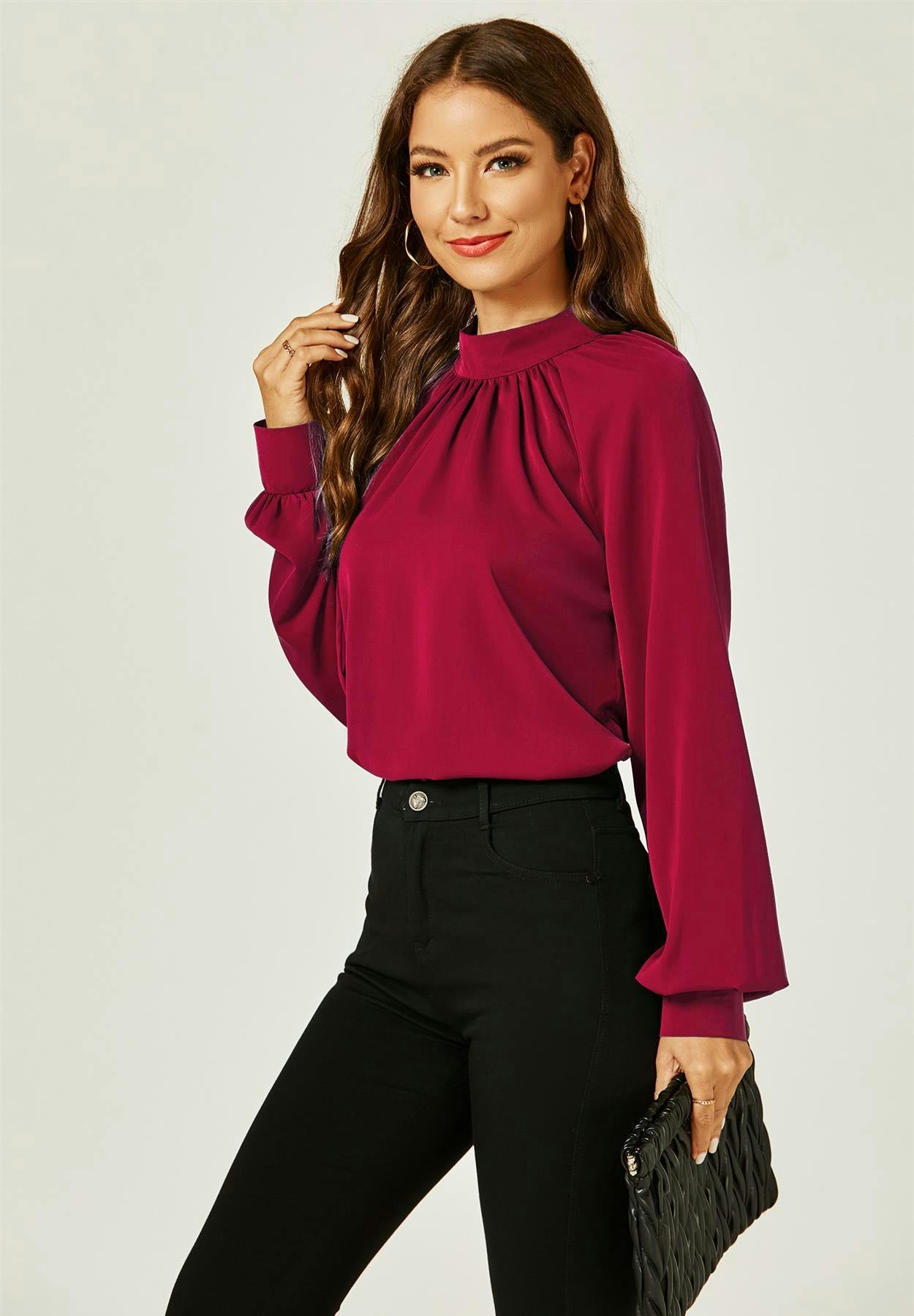 Fs Collection Red Halter Neck Long Sleeve Blouse Top In Wine - L