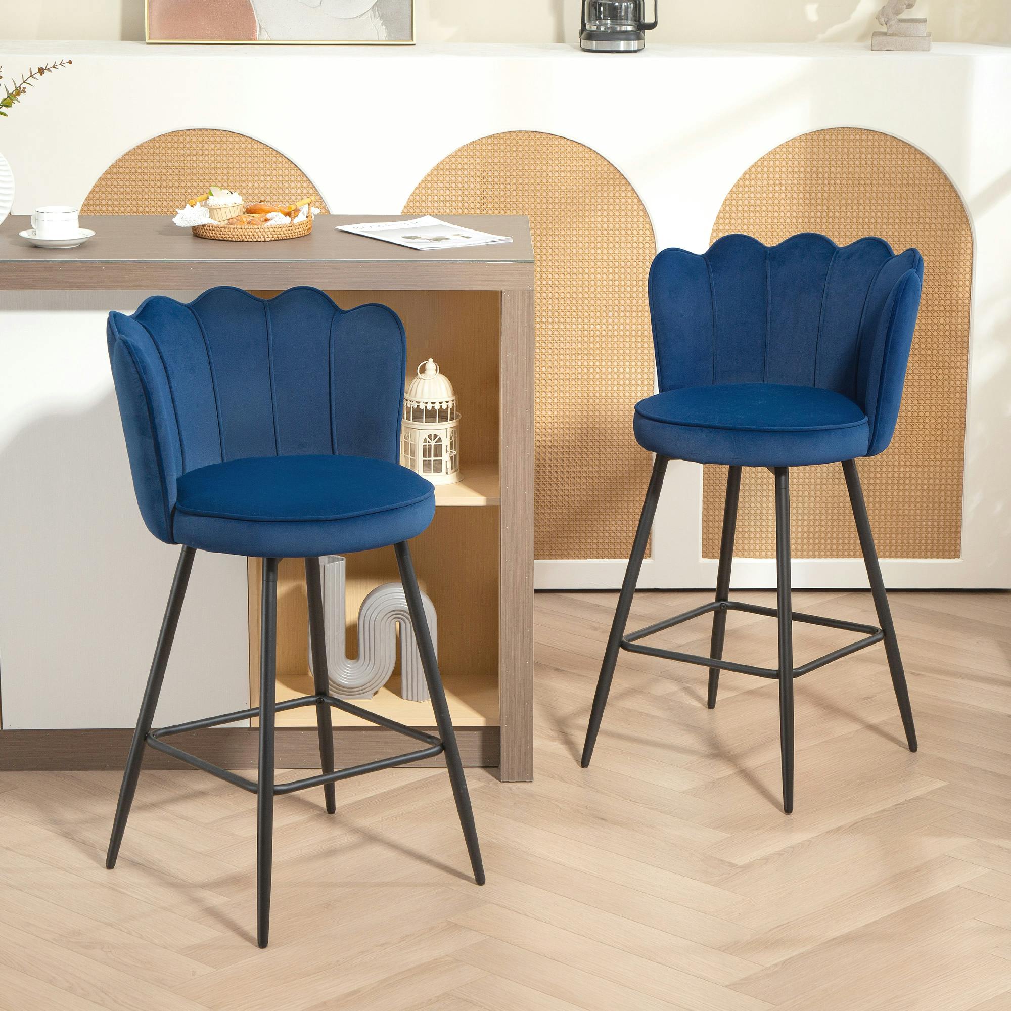 Rackhams Dark/Blue Set Of 2 Barstools With Petal Backrest For Kitchen Island