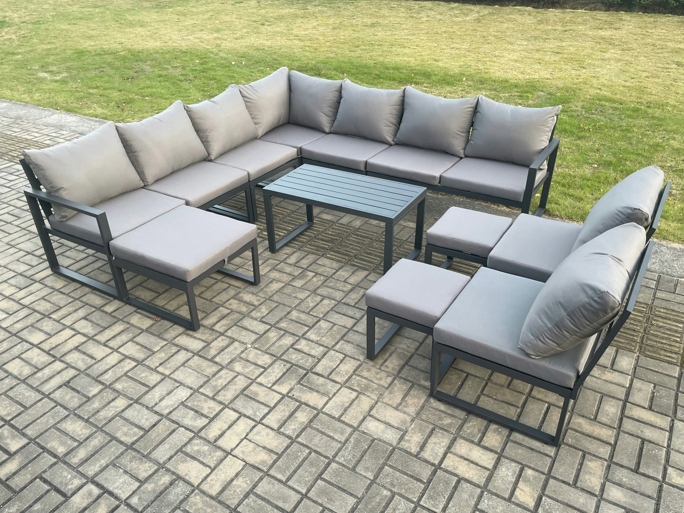 Rackhams Dark/Grey Aluminium 12 Seater Patio Outdoor Garden Furniture Lounge Corner Sofa Set With Oblong Coffee Table With 3 Footstools