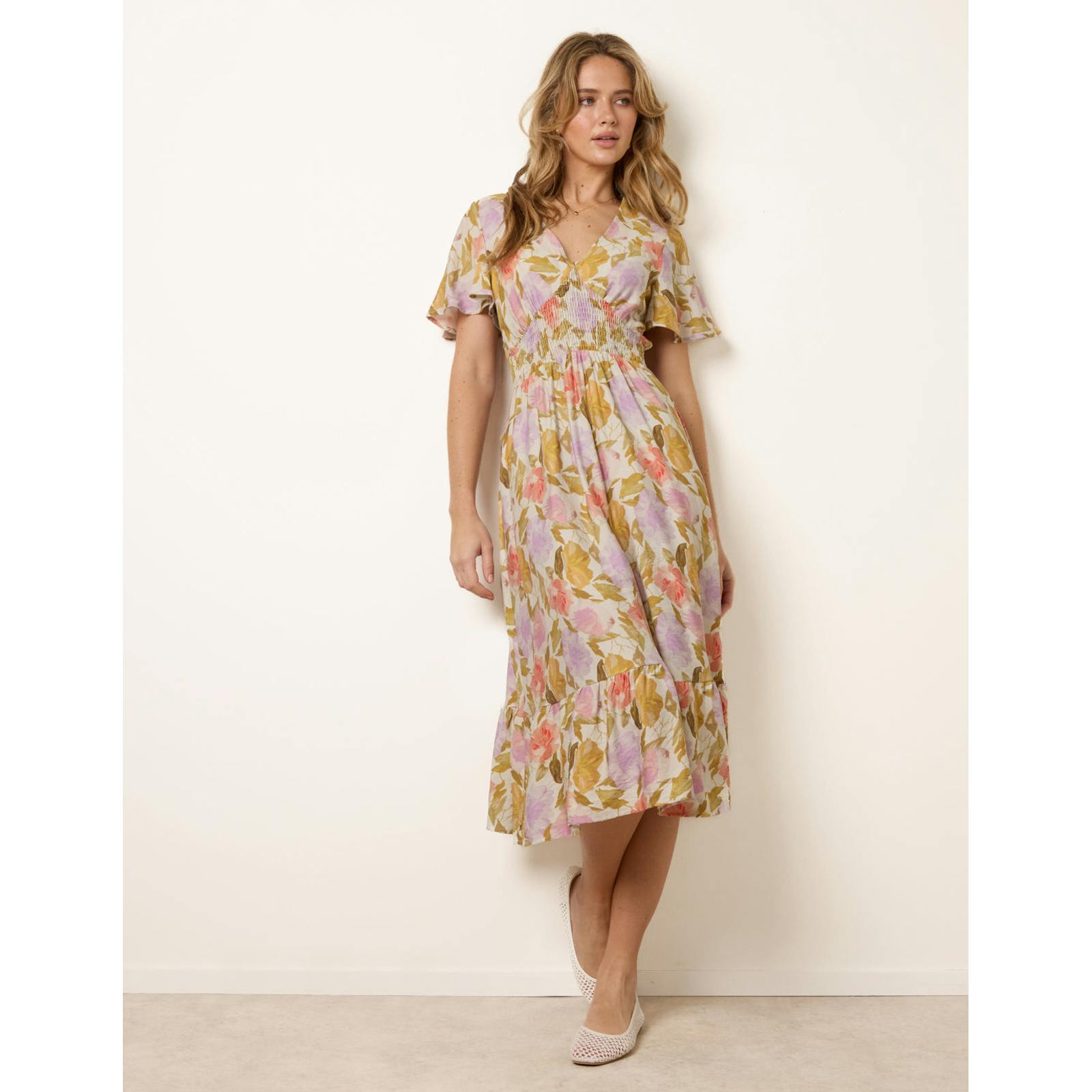 Blue Vanilla Floral Print Angel Sleeve Midi Dress - S - Multicoloured