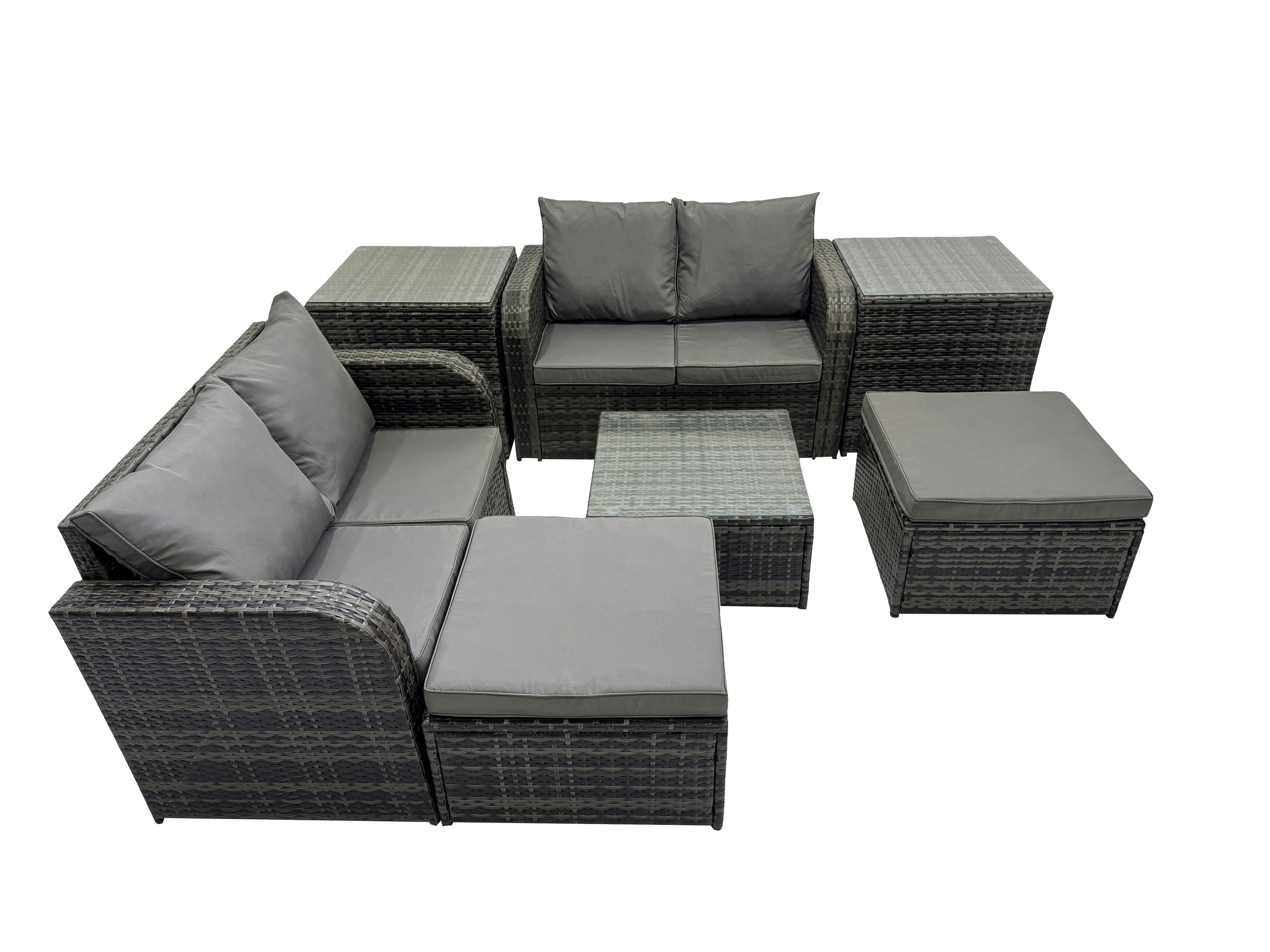 Fimous Dark/Grey Rattan Garden Outdoor Furniture Set Love Sofa Square Coffee Table Set With 2 Side Table 2 Big Stools Mixed