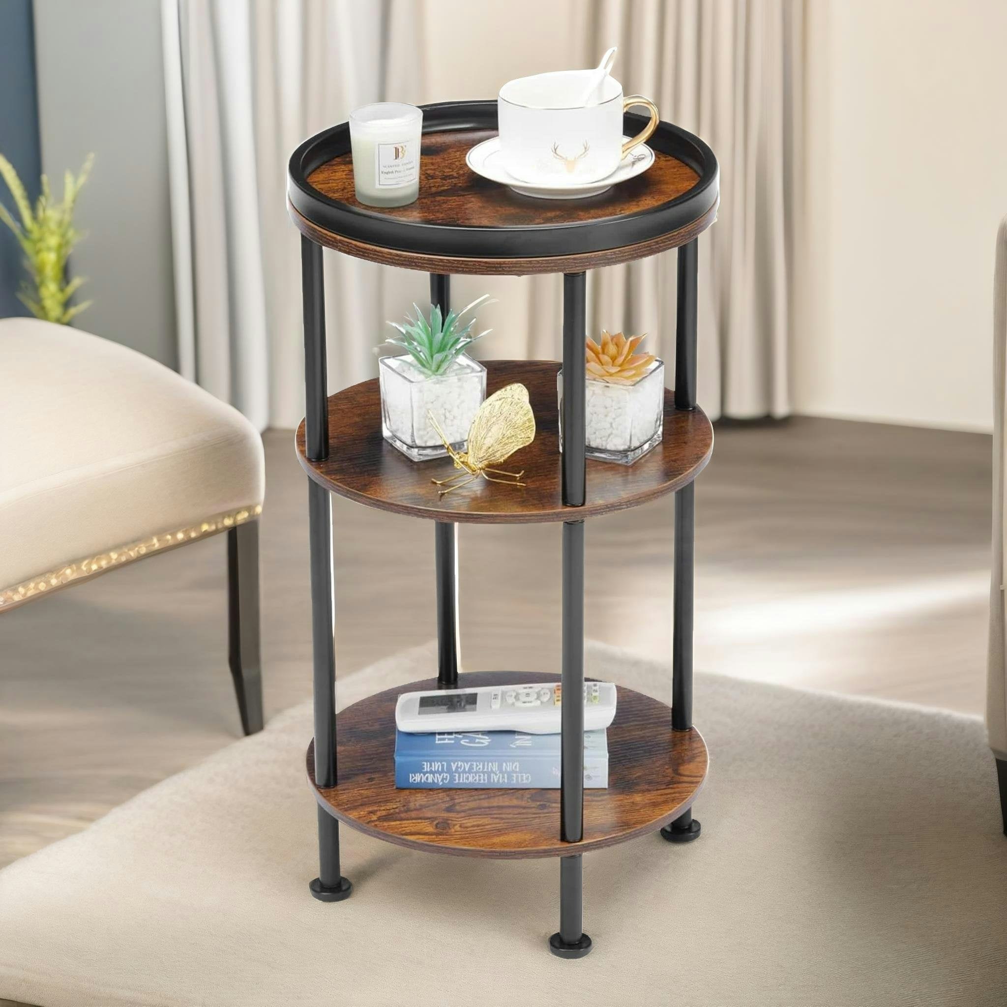 Rackhams Brown 3 Tier Round Coffee Table Rustic
