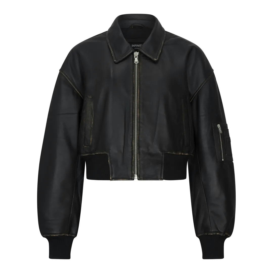 Infinity Leather Women's Black Leather Company Cropped Bomber Leather Jacket - Uk 8