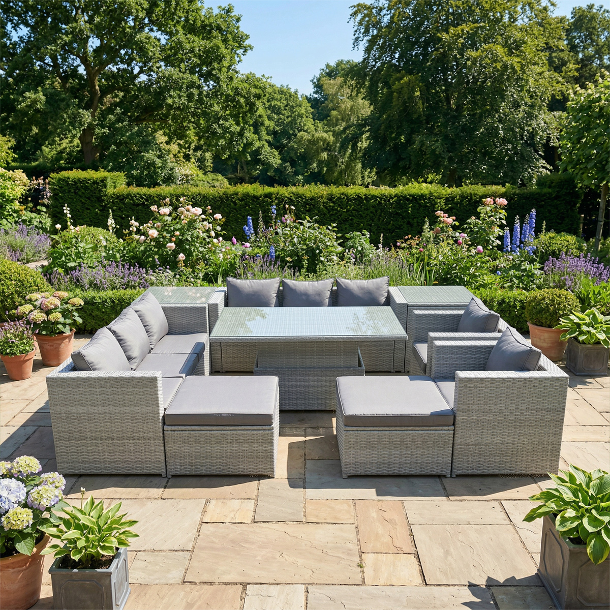 Fimous Light/Grey 10 Seater Rattan Furniture Set With Rising Dining Table, 2 Sofas, 2 Chairs, 2 Footstools & 2 Side Tables