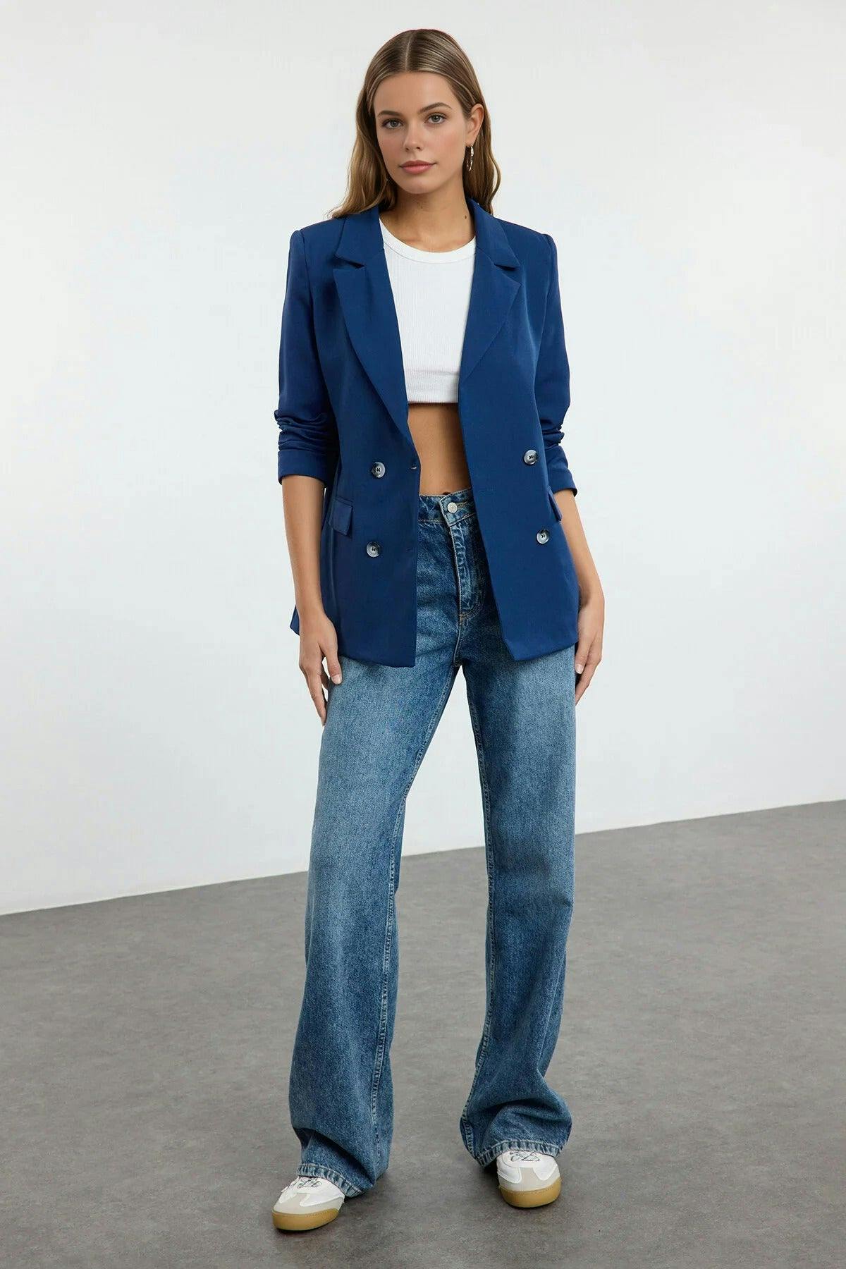 Wovcor Indigo Lined Woven Blazer Jacket With Button Detail - 6