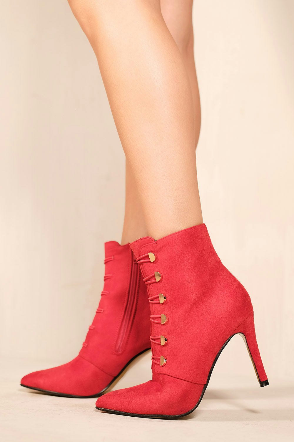 Where's That From Gold/Red Blythe Pointed Toe Mid Heel Ankle Boots With Buttons In Rouge Faux Suede - Rouge - Size 7