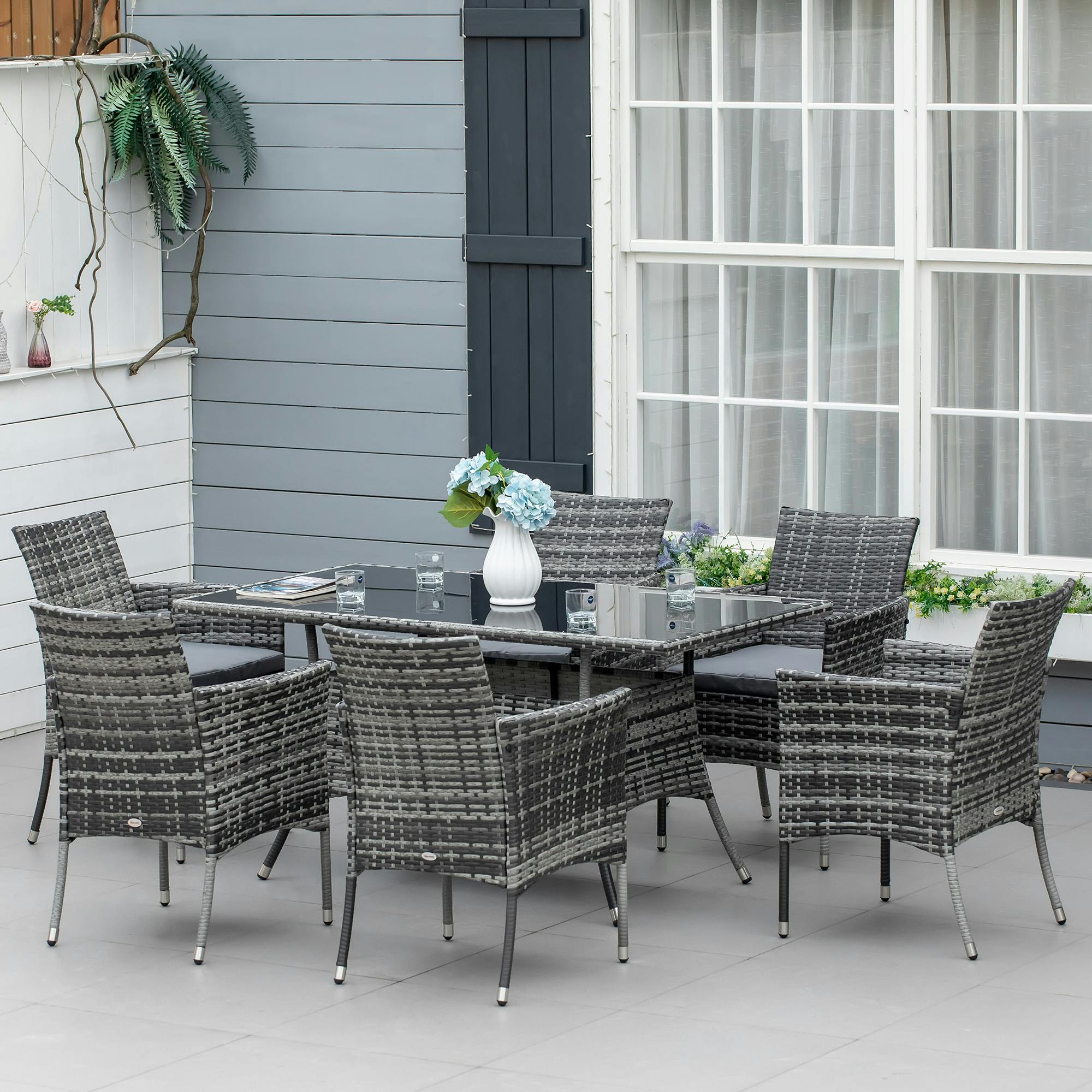 Outsunny Unisex Grey 7Pc Rattan Garden Furniture Dining Set Wicker Patio Conservatory In - Image 2