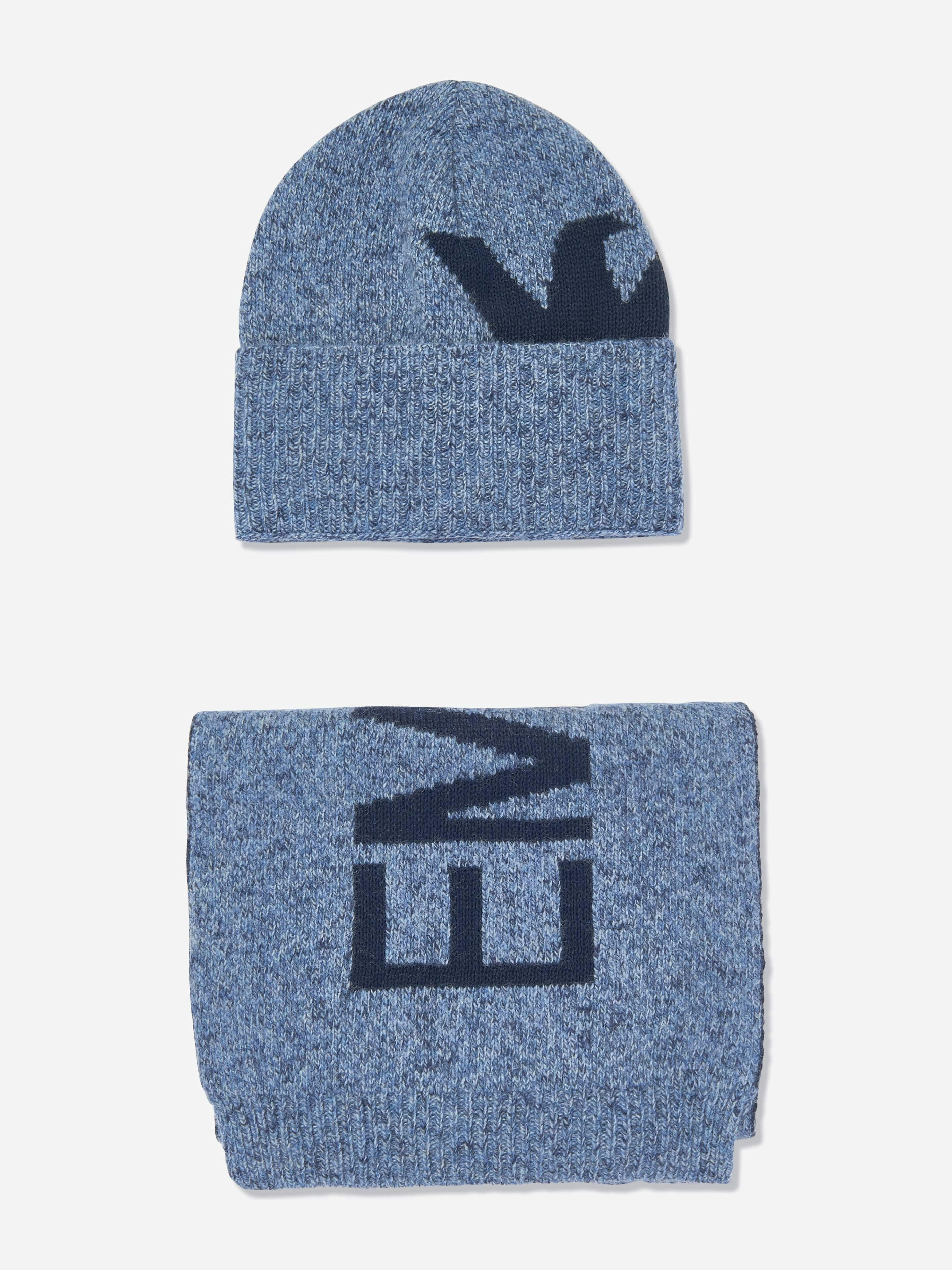Emporio Armani Boys Blue Knitetd Hat And Scarf Set In - S 4 - 8 Yrs