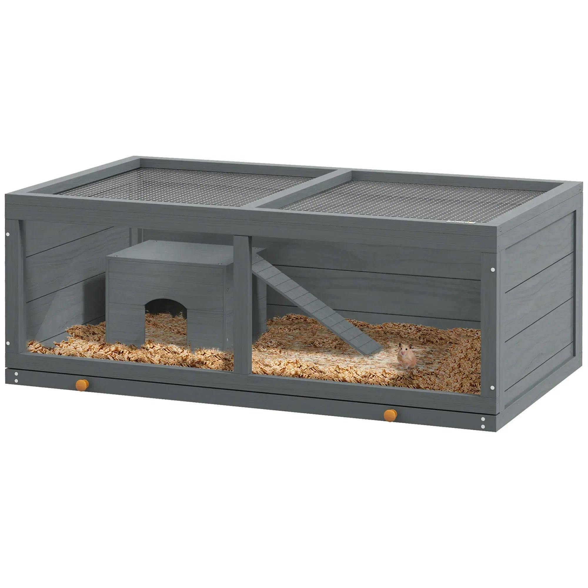 Wooden Hamster Cage With Sliding Tray, Openable Top, Hut, Grey - Image 4