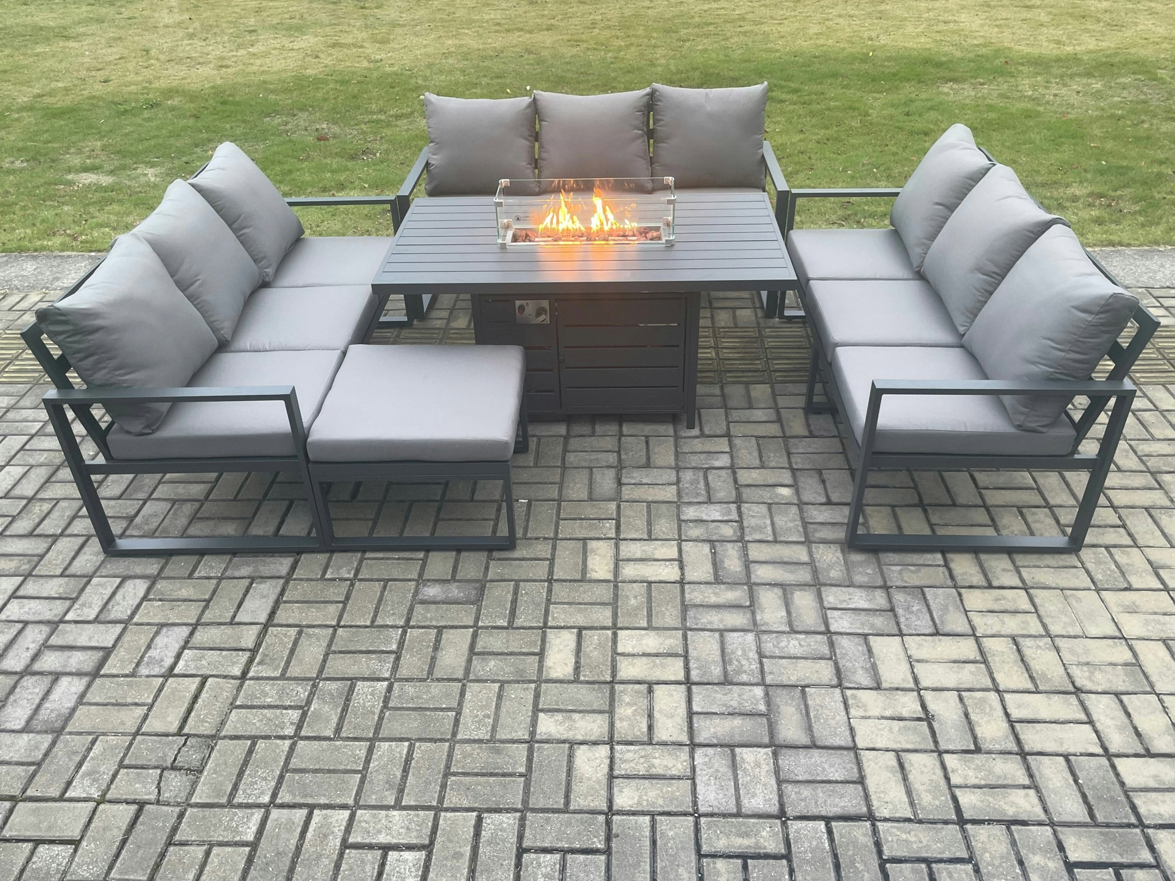 Fimous Dark/Grey Aluminium 10 Seater Garden Furniture Outdoor Set Patio Lounge Sofa Gas Fire Pit Dining Table Set With Big Footstool