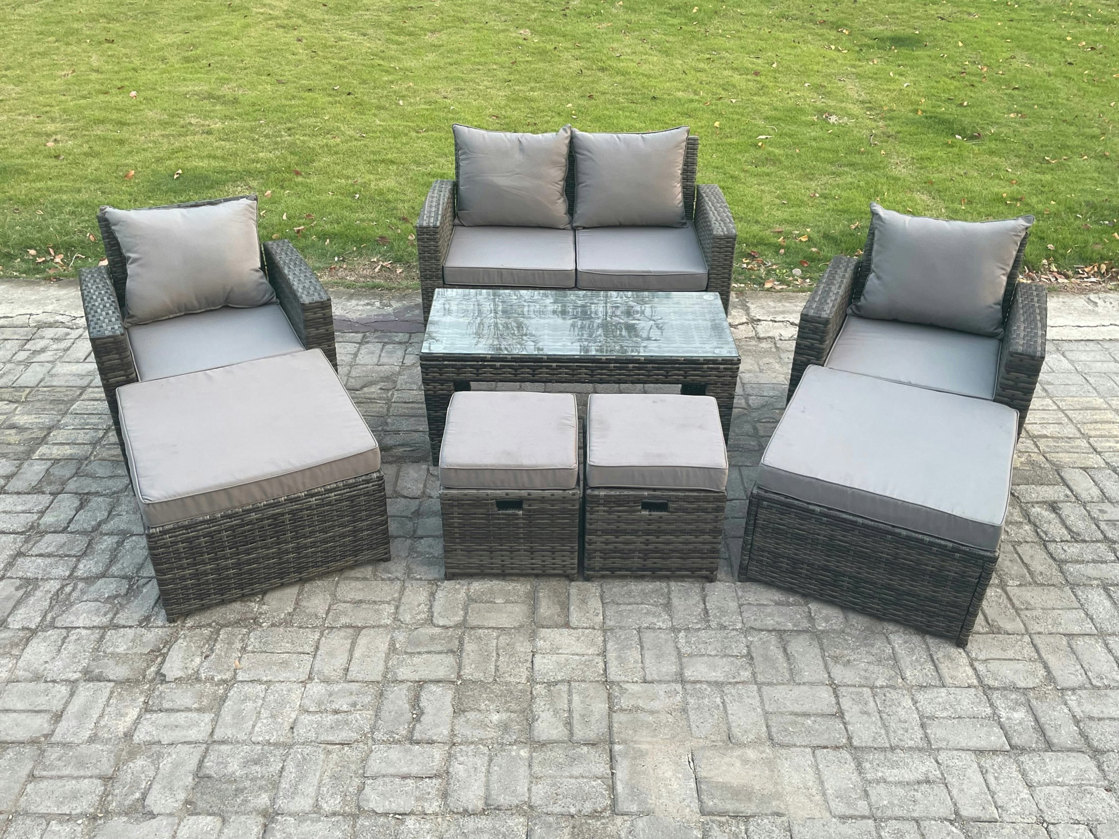 Rackhams Dark/Grey High Back Rattan Garden Furniture Sofa Sets With Rectangular Coffee Table Armchair 2 Big Footstool 2 Small Footstools Mixed