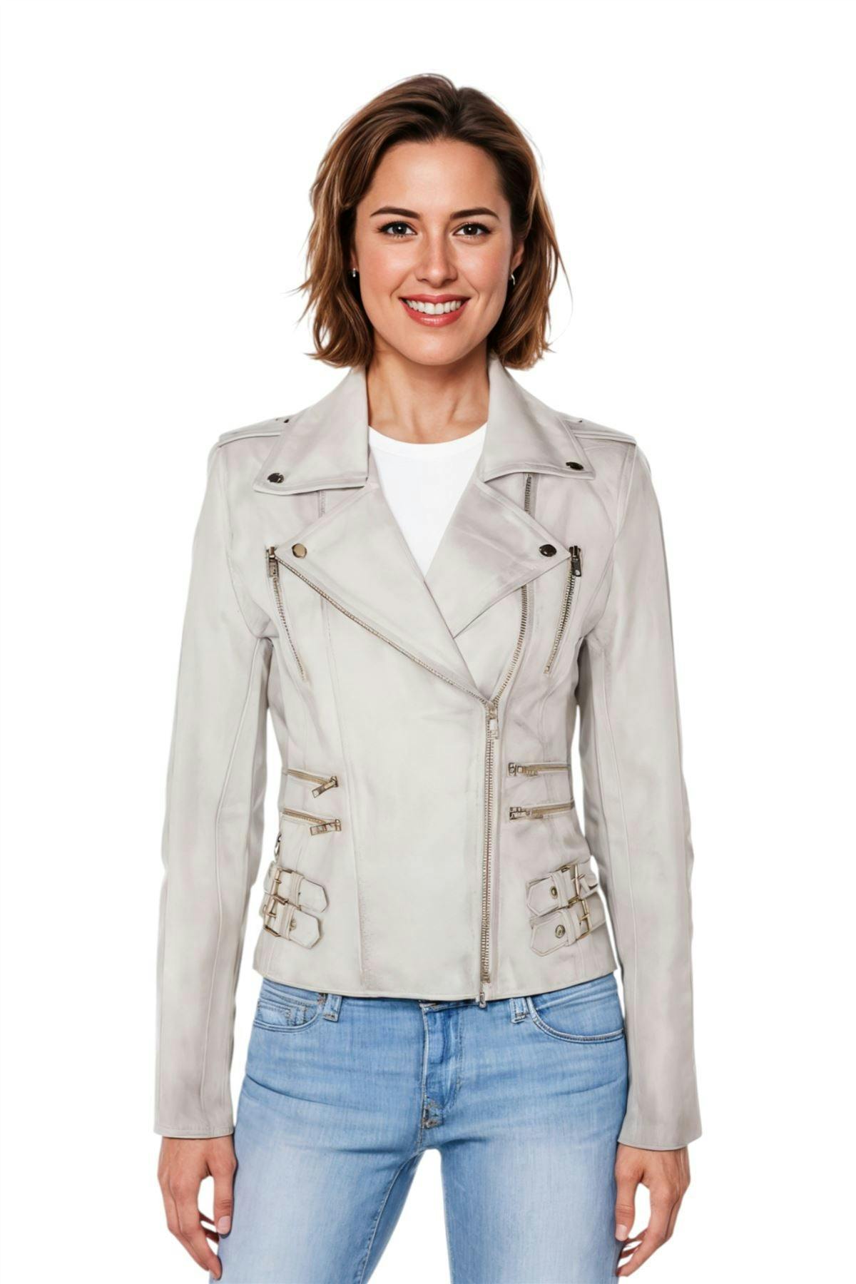 Infinity Leather Women's White Leather Brando Biker Jacket - Orlando - Uk 2XL/18 | Eu 44 | Us 14