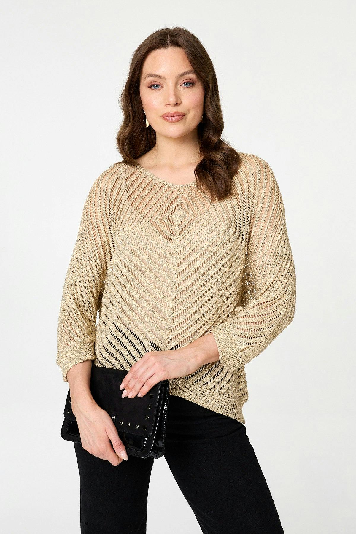 Izabel London Gold Sparkly Sheer Mesh 3/4 Sleeve Top - L/Xl