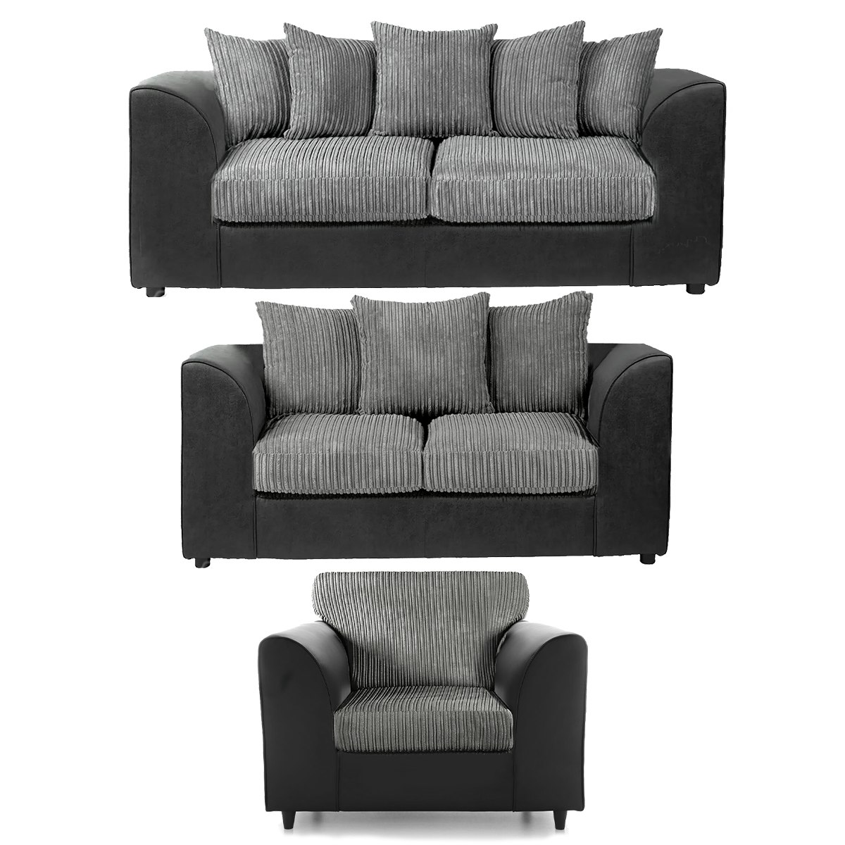 Rackhams Black/Grey Luxor Full Jumbo Cord 3 Piece Suite - Scatter Back - And