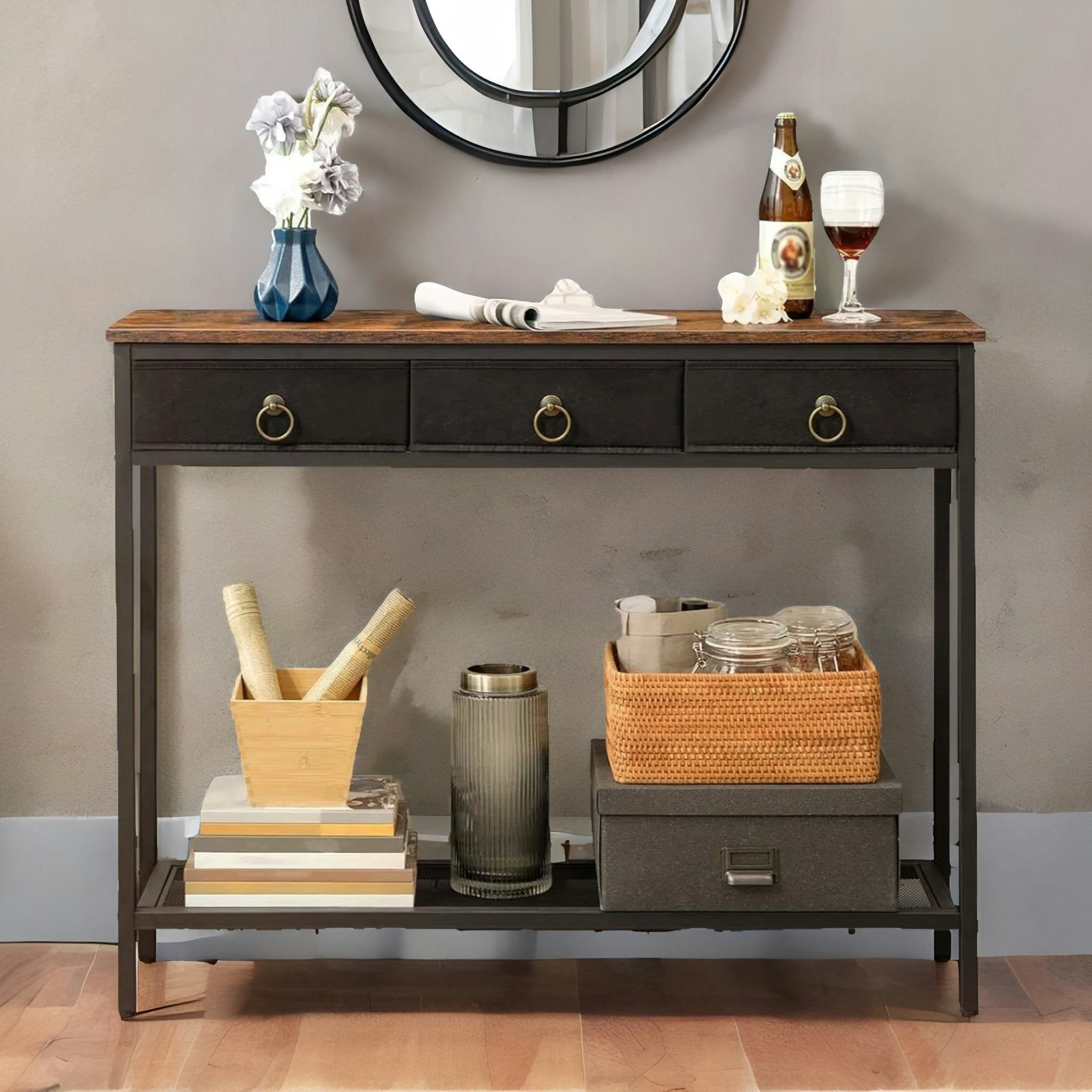 Rafaelo Mobilia Black Slim Sofa Table With 3 Non-Woven Drawers