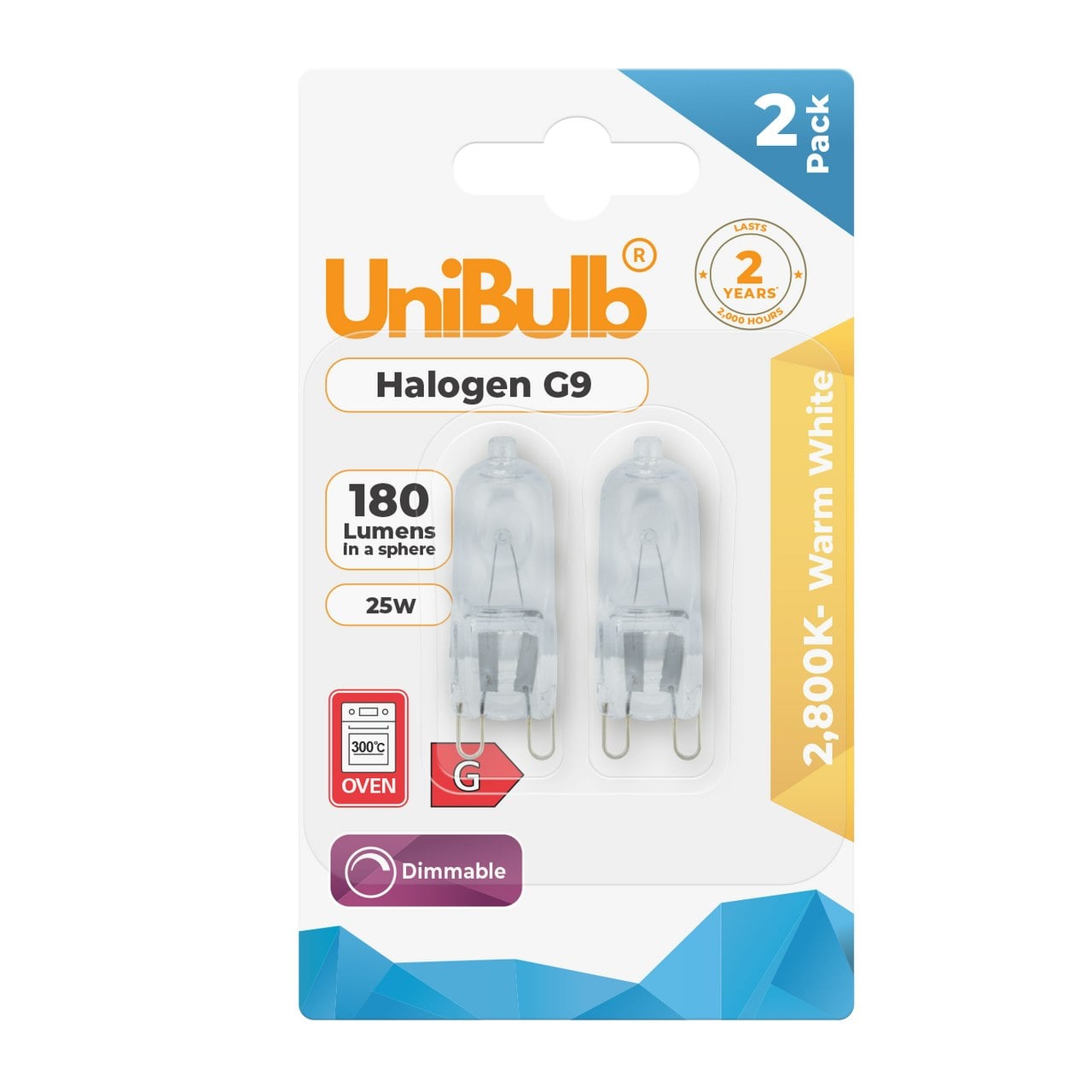 Unibulb White/Light Halogen G9 Capsule 180Lm 25W 2800K (Warm ) Bulb - Pack Of 2
