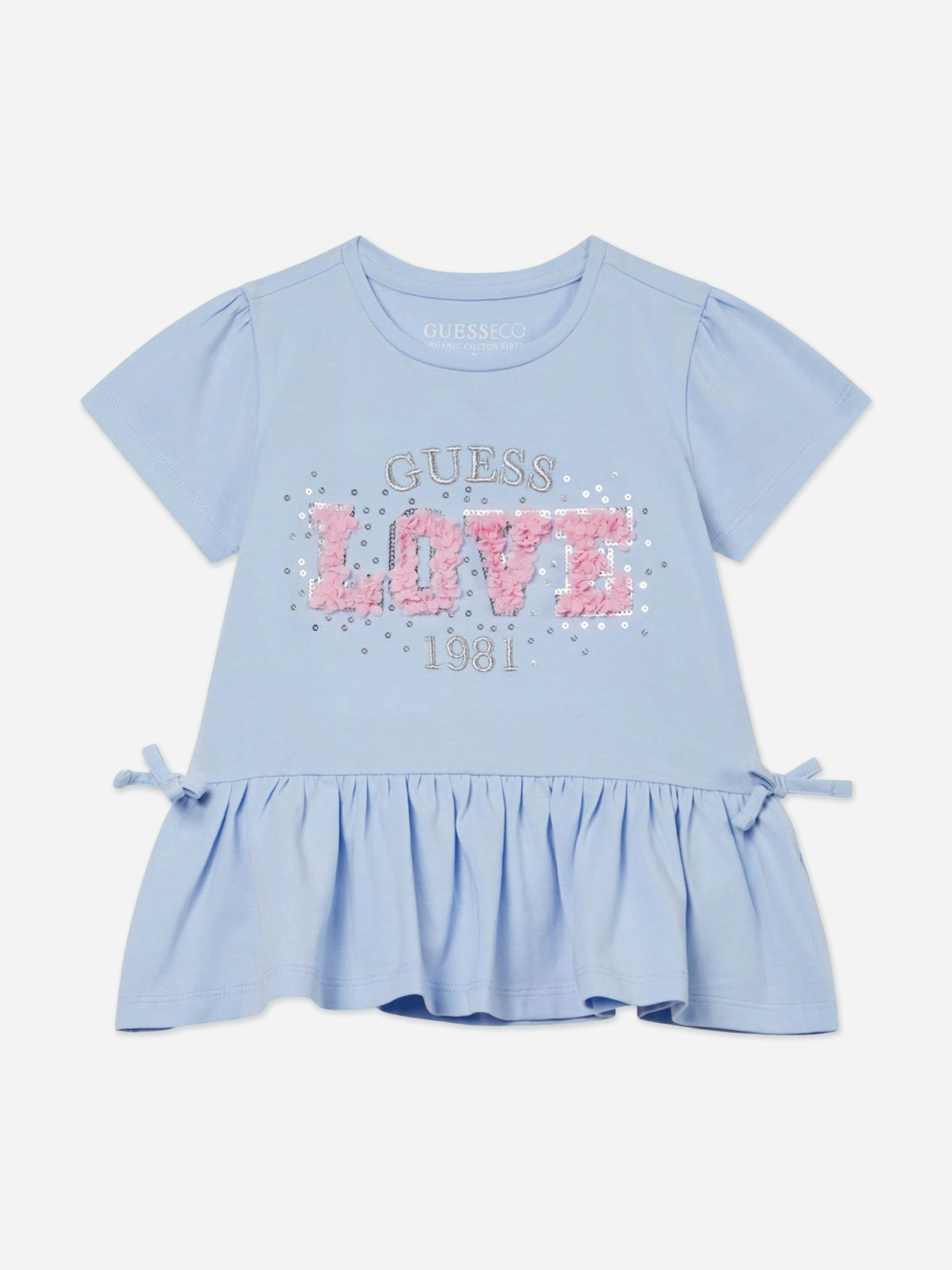 Guess Girls Blue Love Logo Peplum T-Shirt In - 18 Mths