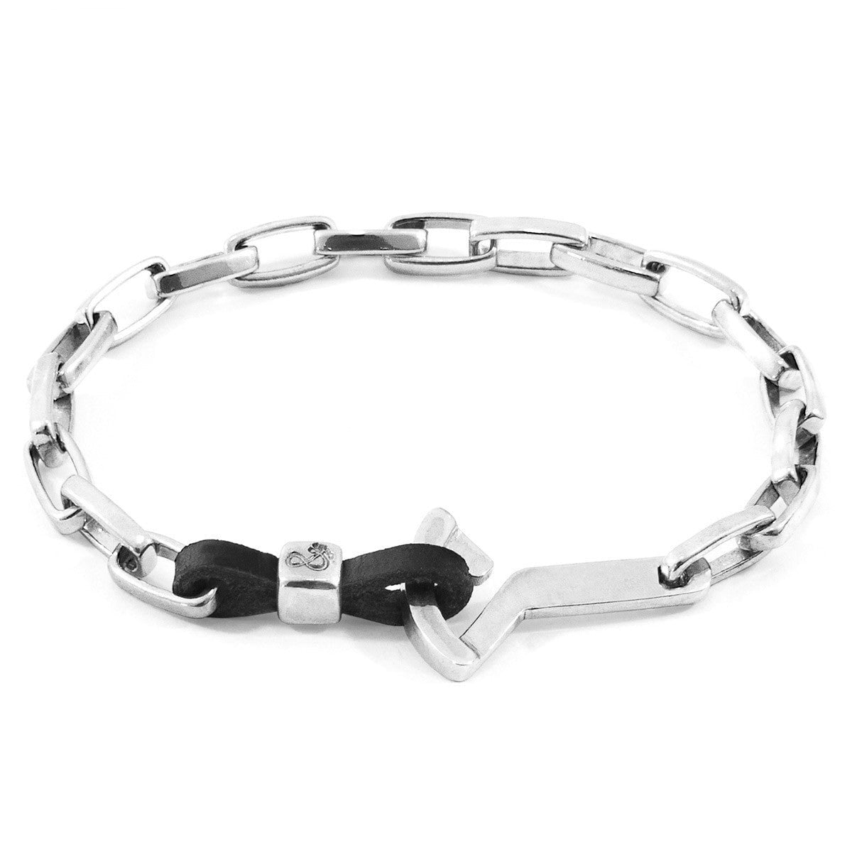 Anchor & Crew Coal/Black/Silver Frigate Anchor And Flat Leather Bracelet - M - 21Cm (Most Popular)
