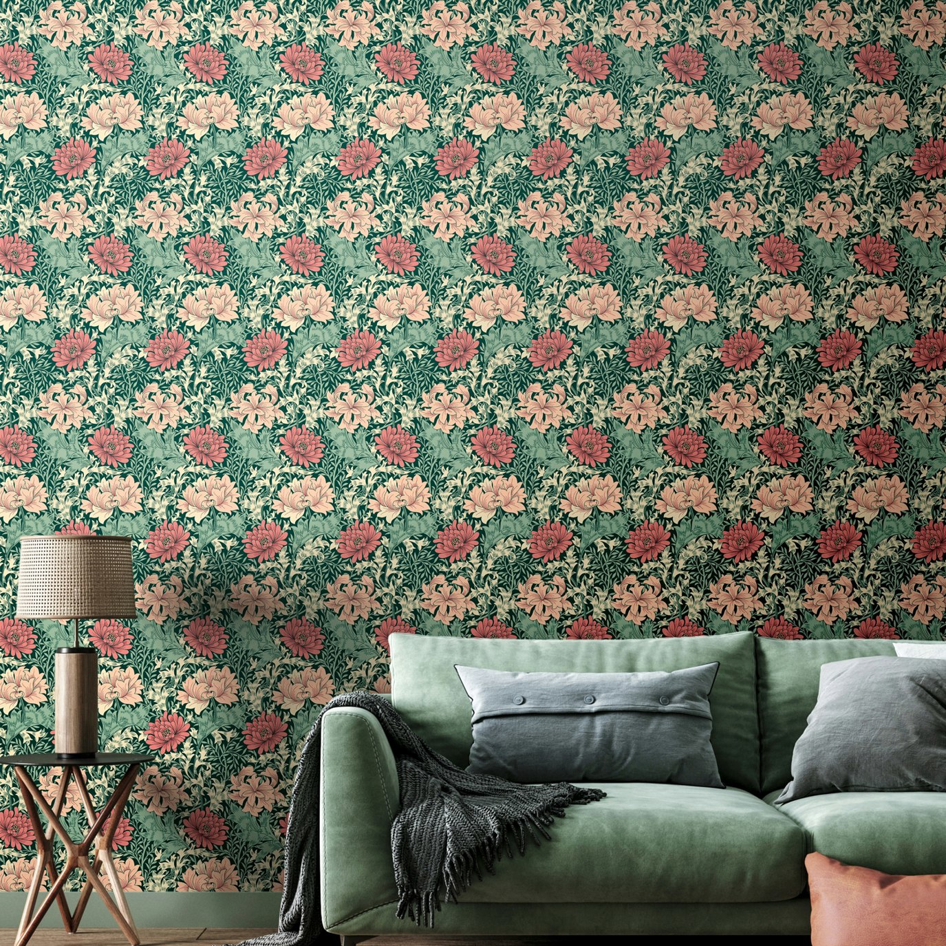 Hoopla Walls Green/Pink Chrysanthemum - & 10M Wallpaper - &