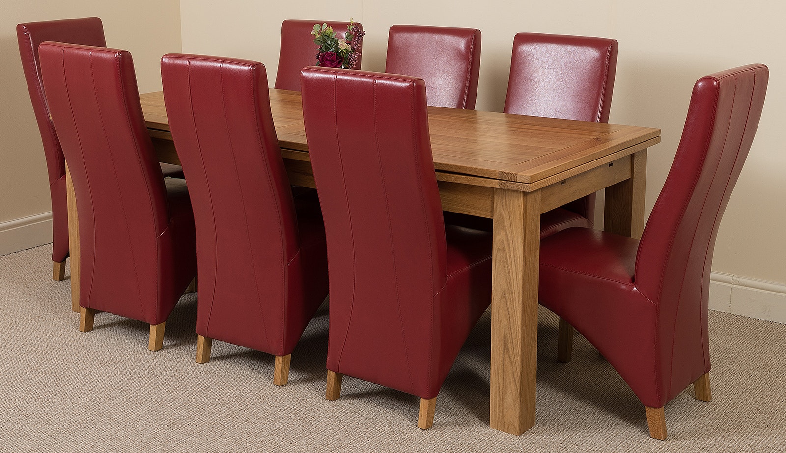 That's Furniture Burgundy Richmond Large Oak Extending Dining Table With Lola Leather Chairs - 8 Chairs