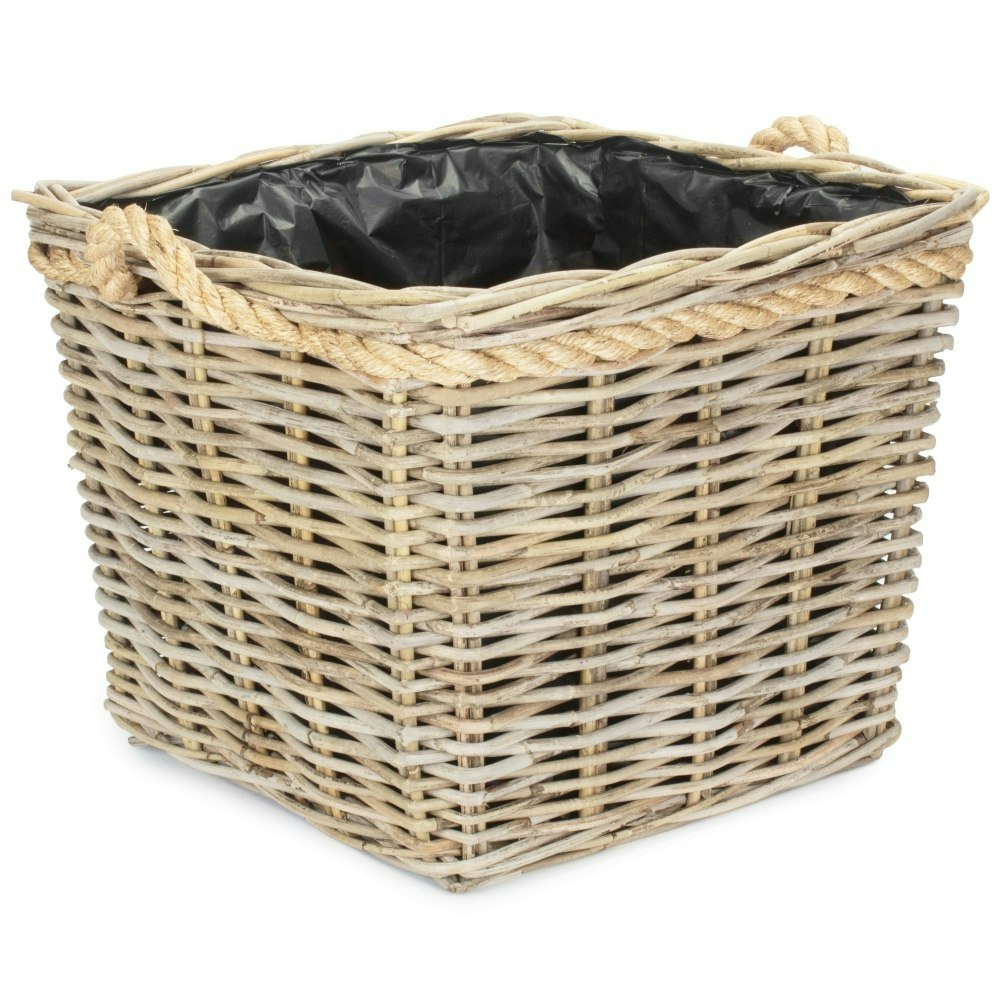 Red Hamper Square Tape Rope Handled Rattan Planter With Plastic Lining - Small