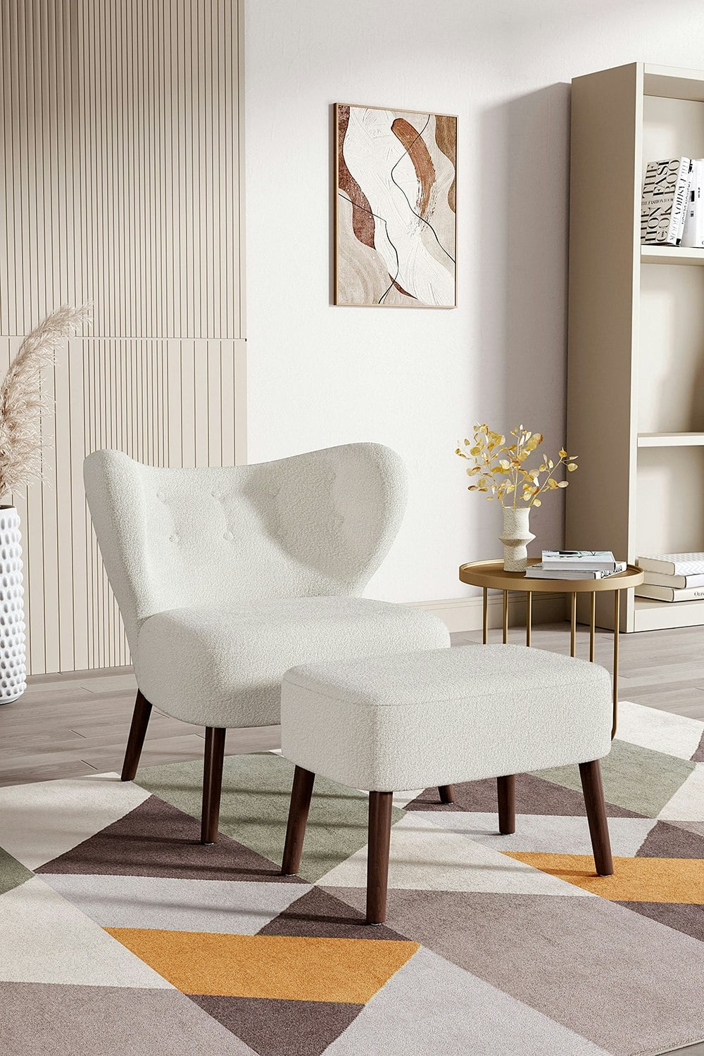 Rackhams White 2Pcs Teddy Bear Fur Tufted Accent Chair With Footstool