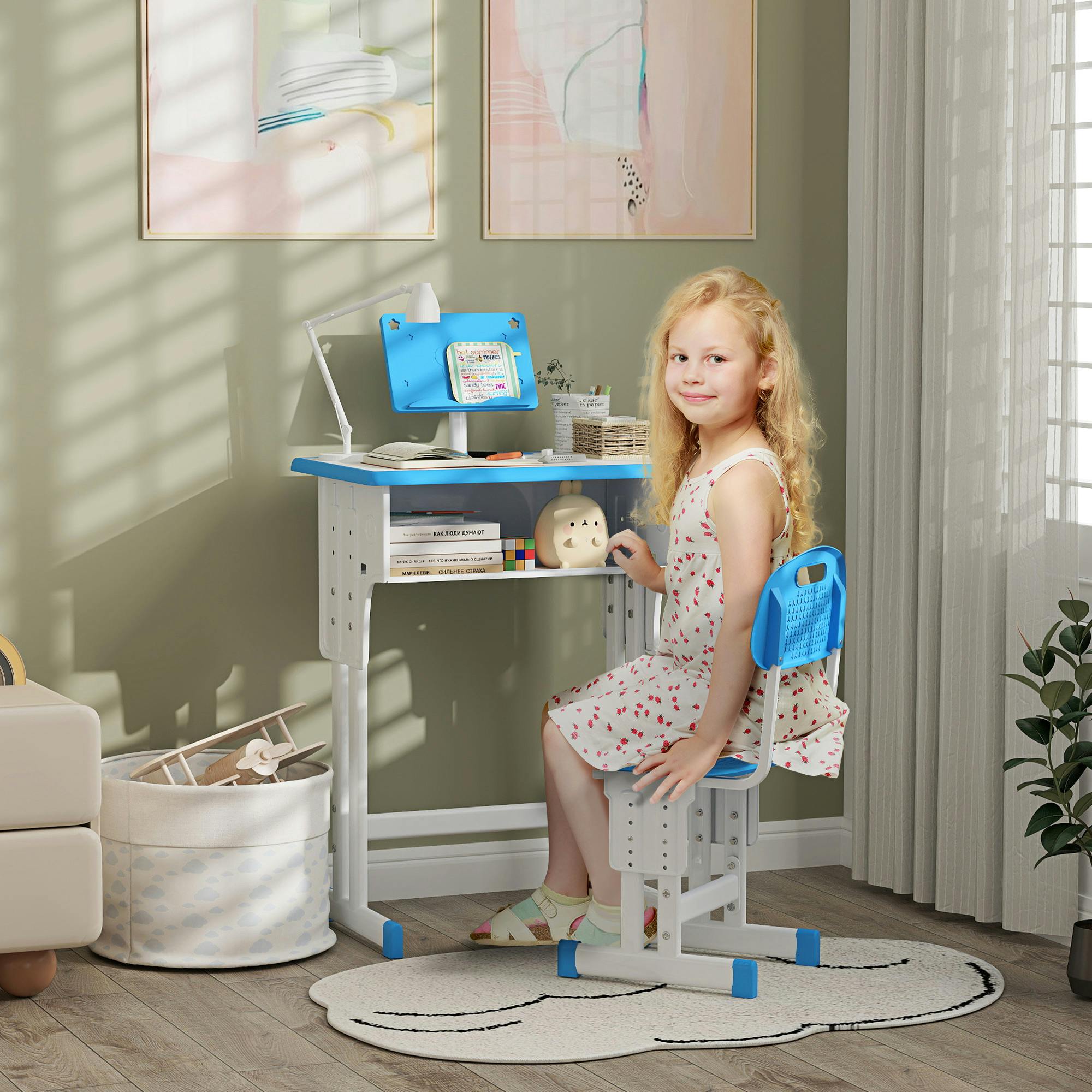 Rackhams Blue Kids Desk And Chair Set Adjustable Height Study Table Set W/ Drawer, Book Stand, Pen Slot