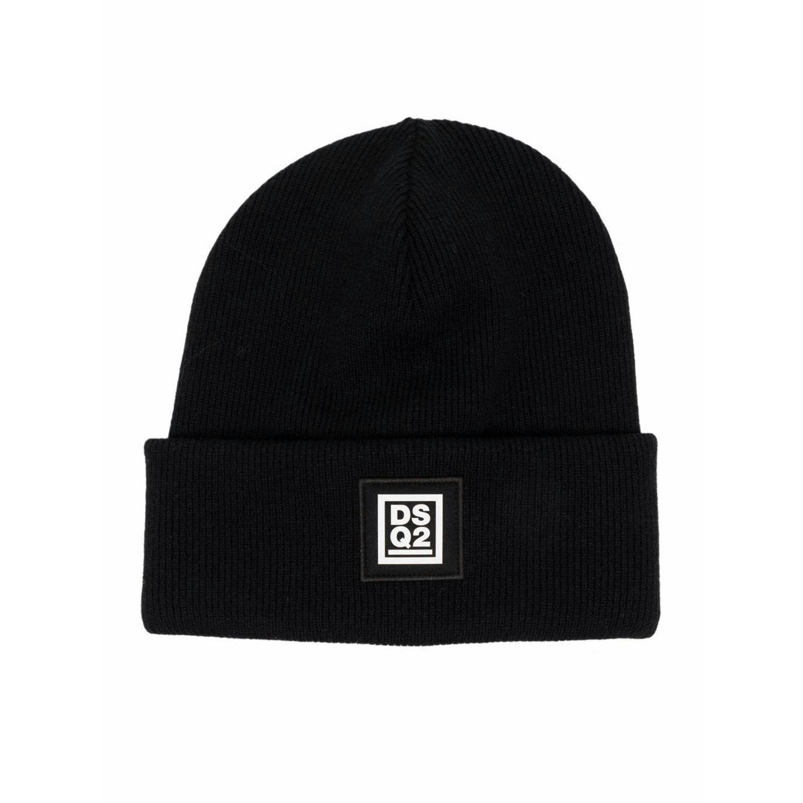 Dsquared Black Logo Patch Knitted Beanie Hat In - One Size