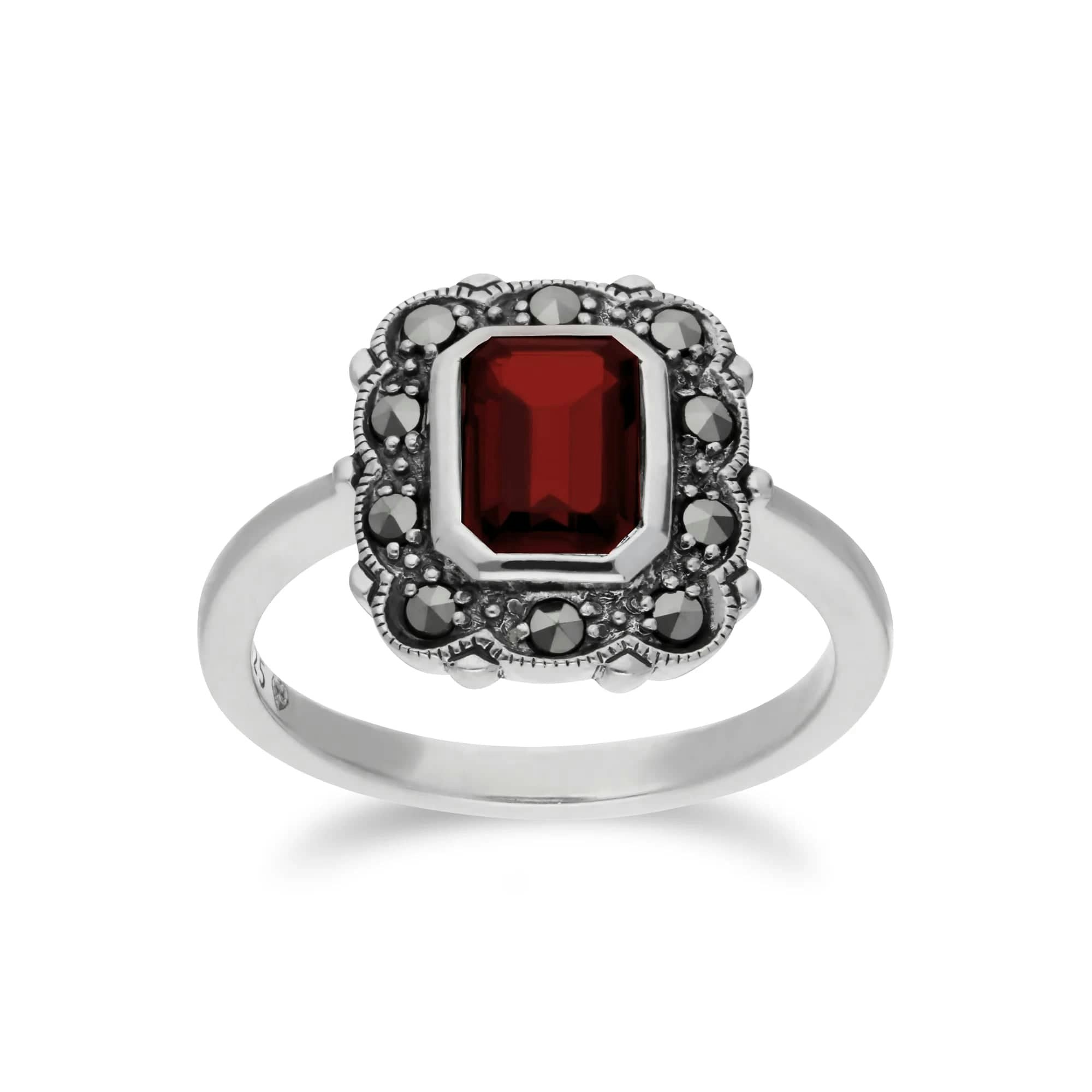 Gemondo Silver Art Nouveau Style Octagon Garnet & Marcasite Border Ring In 925 Sterling - O